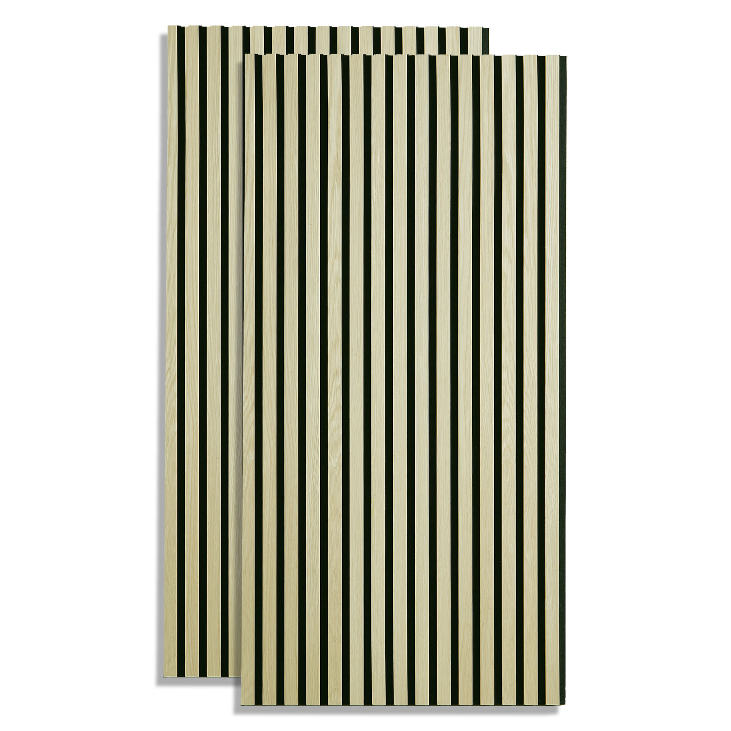 Akustikpaneele in Creme mit Holzelementen. Die vertikalen Paneele verlaufen hinter einem dunklen Konsolentisch an der Wand. Zwei gerahmte Linienzeichnungen und eine dunkle Vase mit Zweigen ergänzen die Einrichtung.