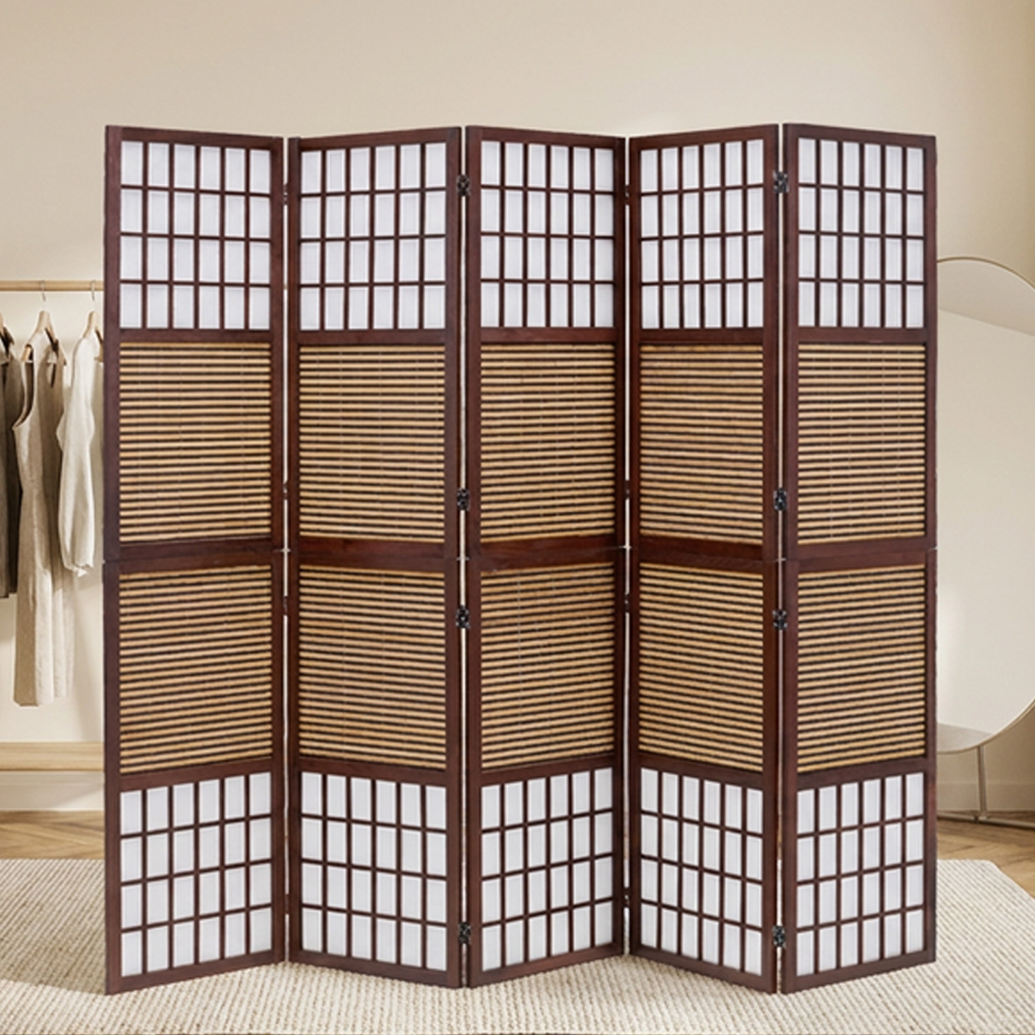 Brown 5-panel folding screen – room divider with bamboo and shoji rice paper