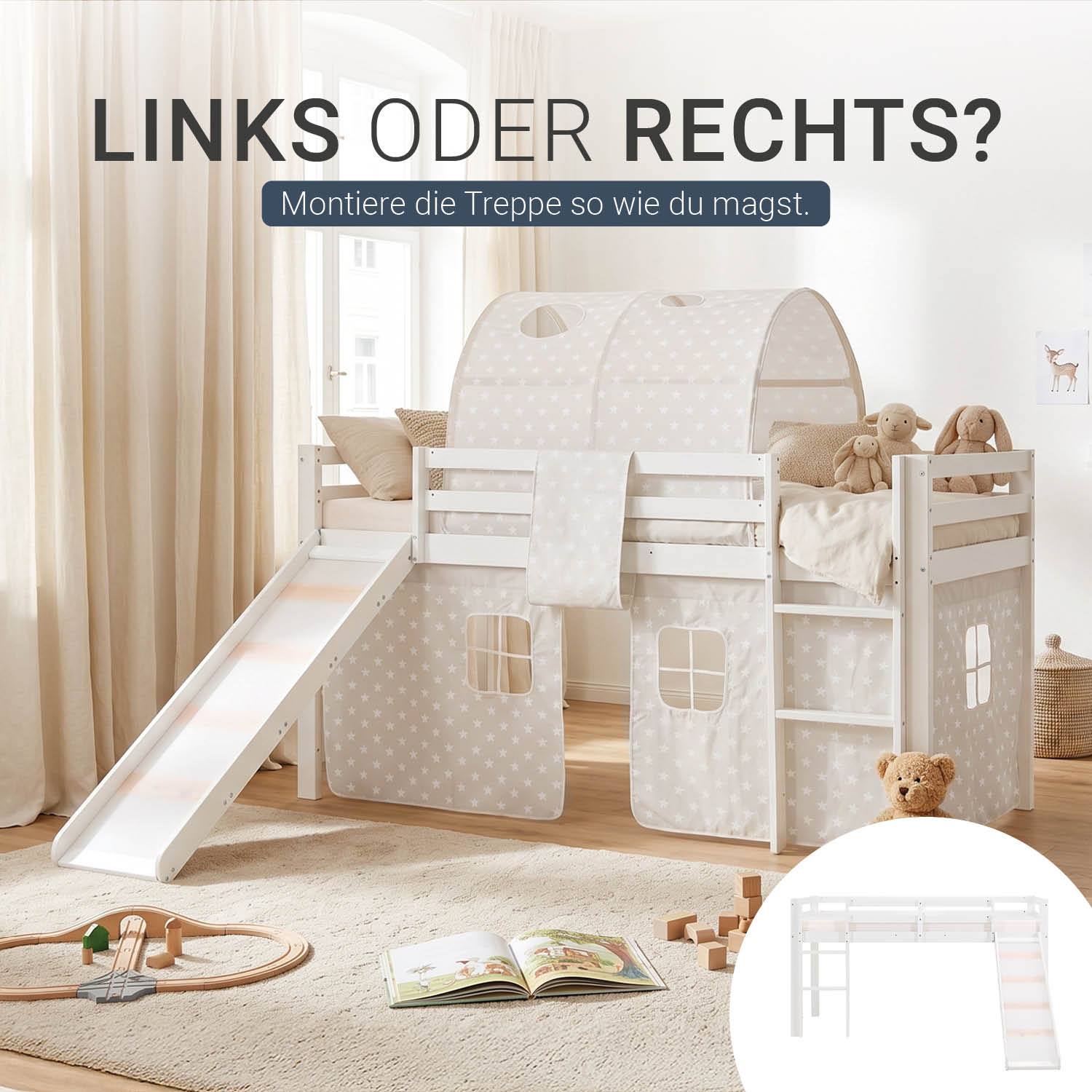 Children's Loft Bed 90x200 cm White with Star Curtain | Tunnel | Slide | Includes Slatted Base | Includes Mattress