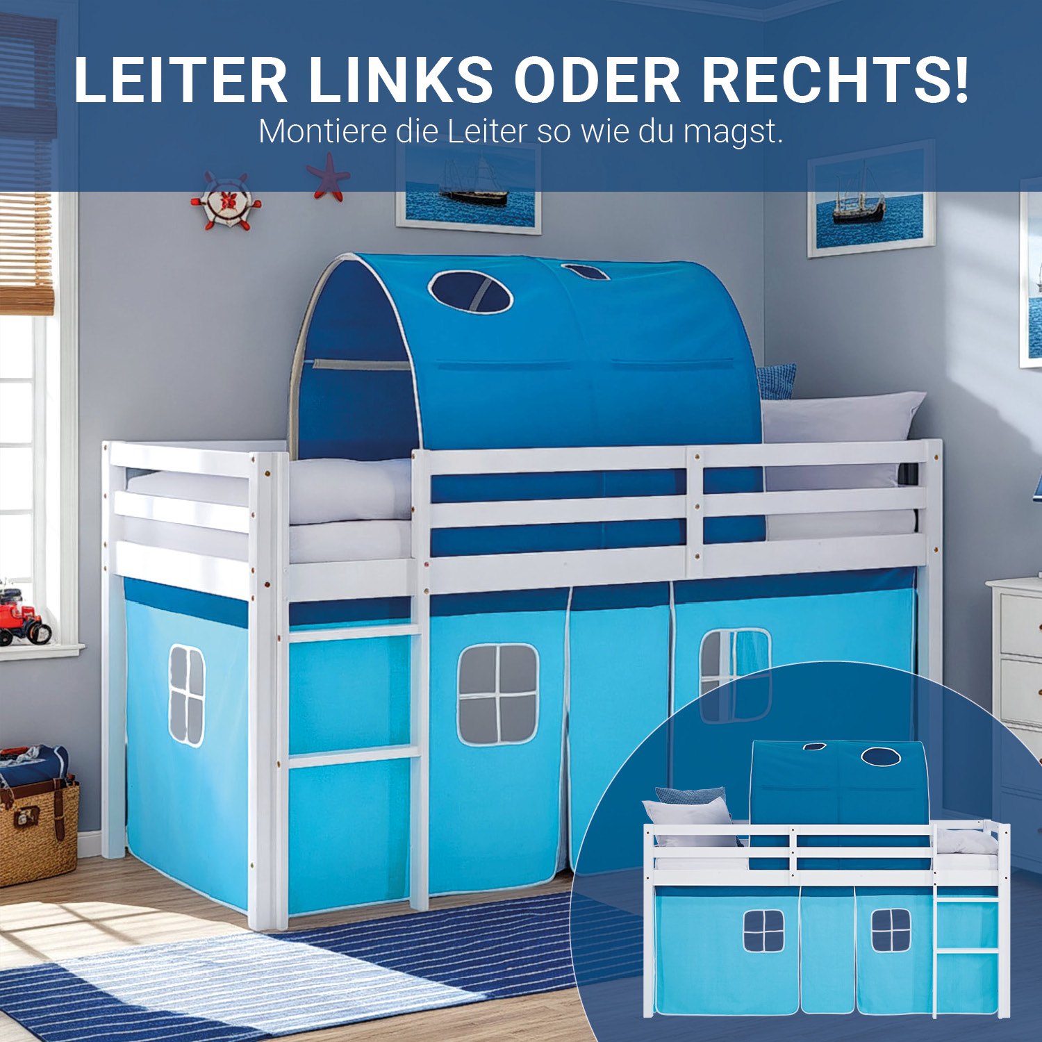 Children's Loft Bed 90x200 cm White with Blue Curtain | Tunnel | Includes Slatted Base and Mattress