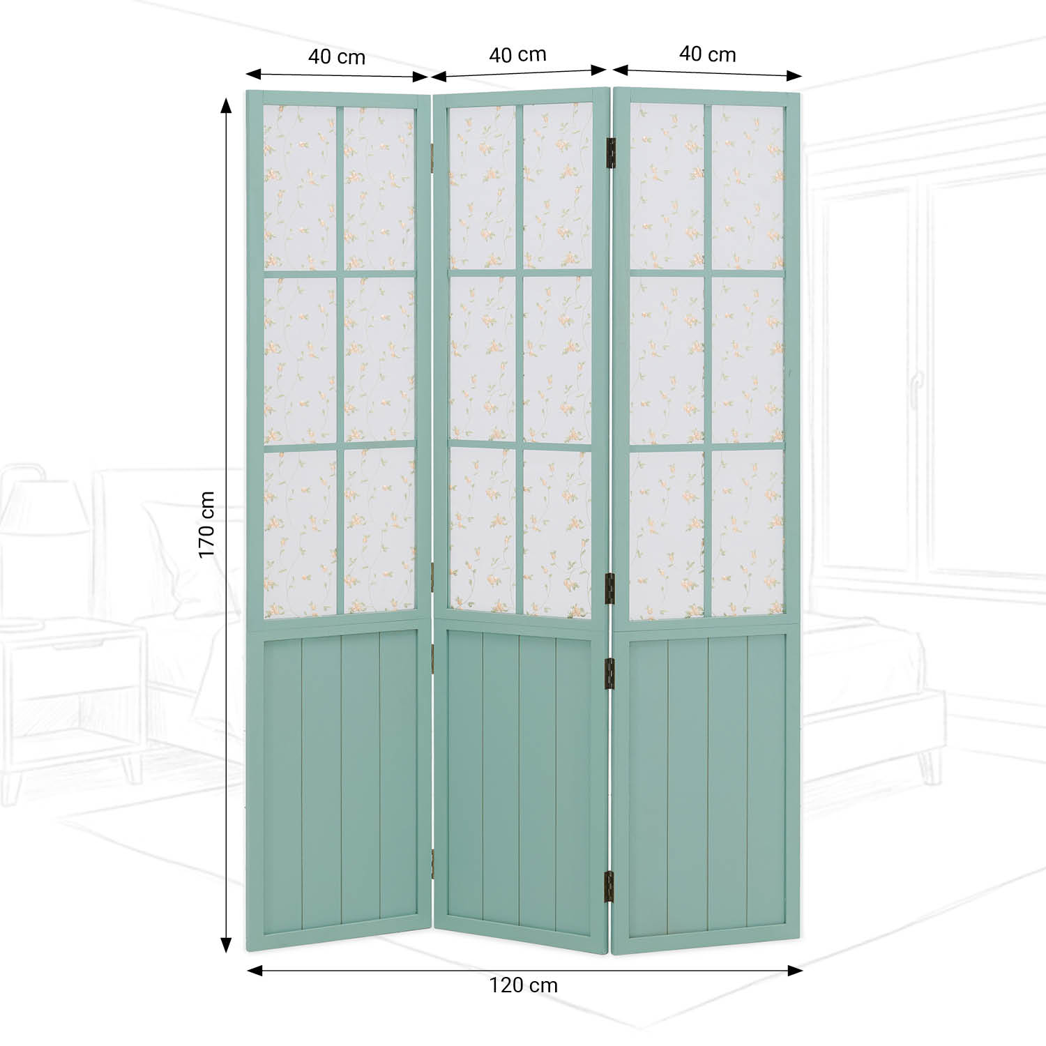 Turquoise Room Divider – 3-panel, country-style with floral pattern & fabric covering
