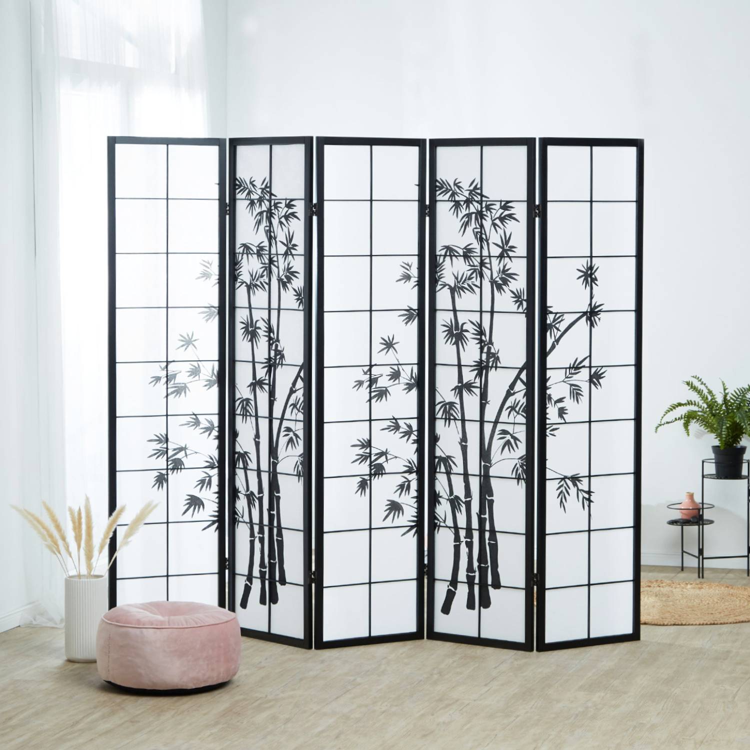Paravent Black Bamboo Pattern Print | 5-panel | Wood | Room Divider Partition Privacy Screen