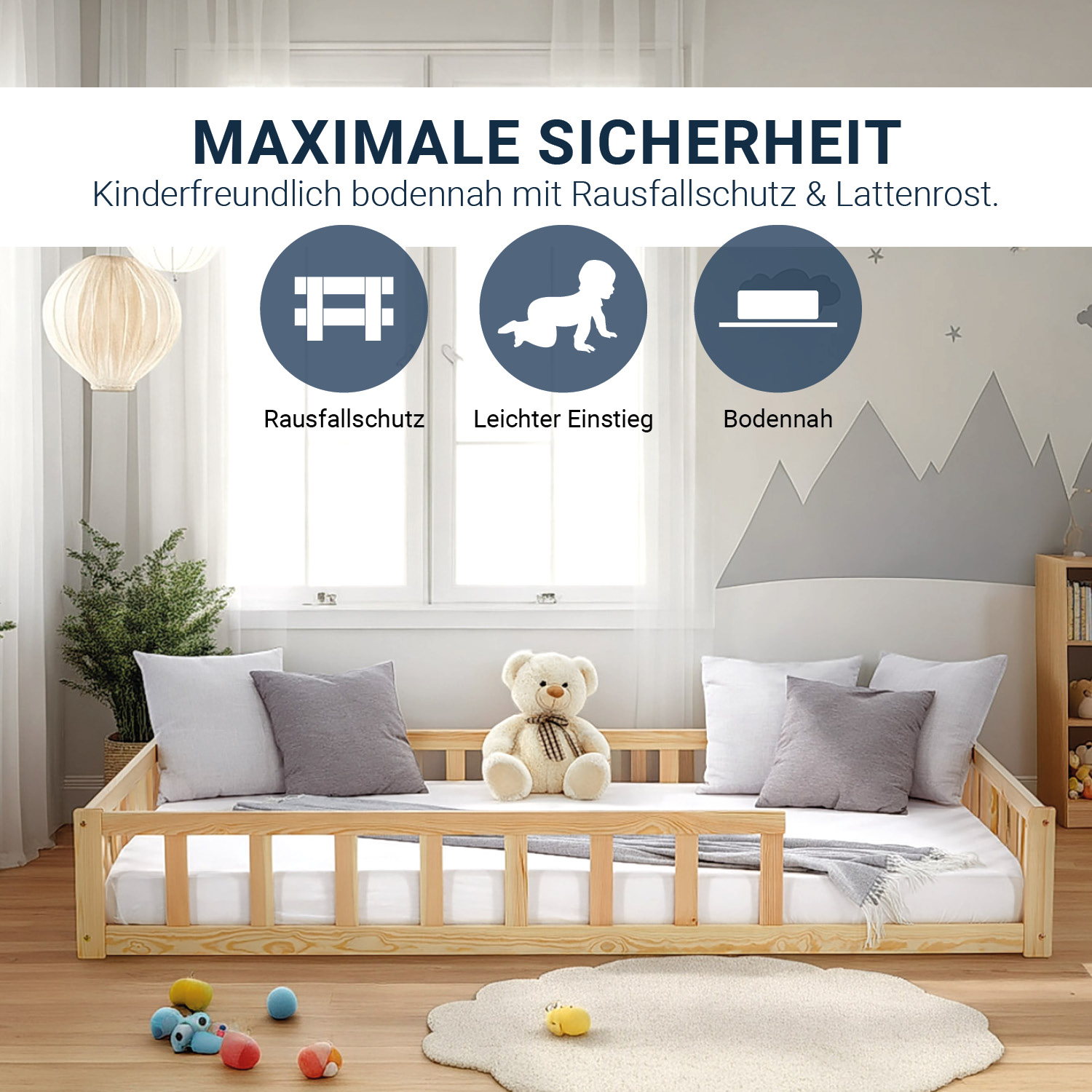 Children's Bed 120x200 Natural | Floor Bed with Mattress & Slatted Frame | with Fall Protection | Montessori