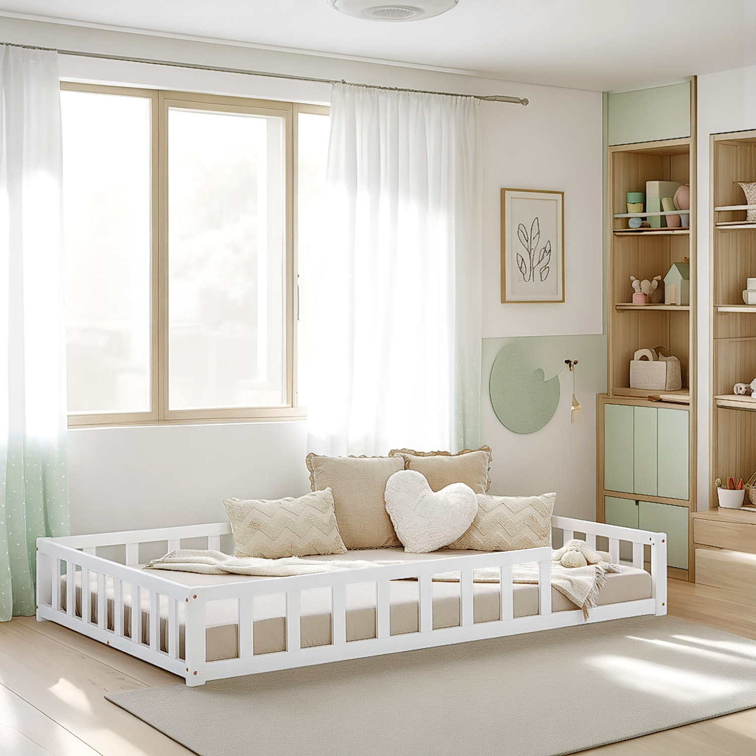 Children's Bed 120x200 White | Floor Bed with Mattress & Slatted Frame | with Fall Protection | Montessori