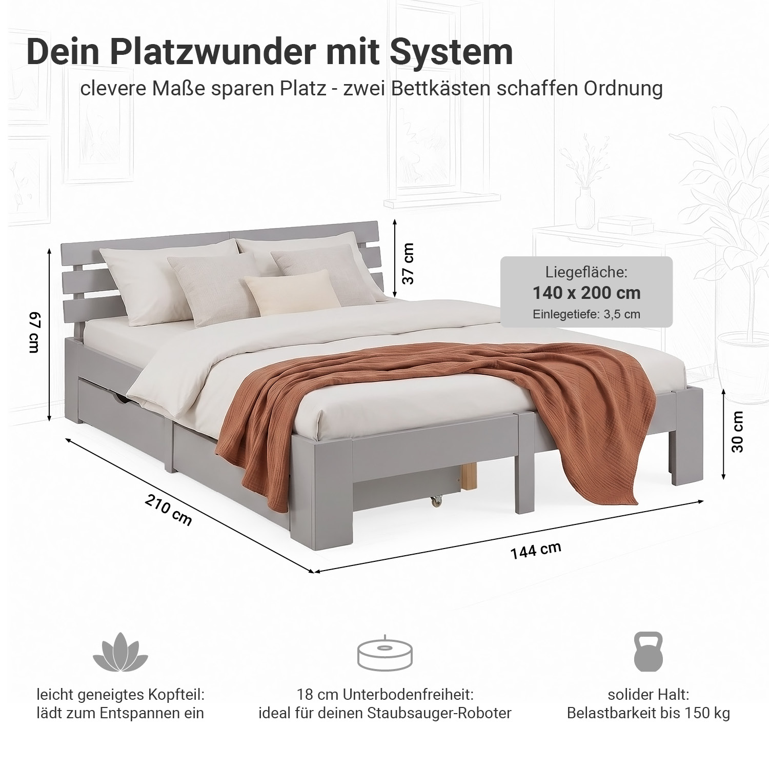 Wooden Bed 140x200 cm, Gray, with Storage Compartment & Slatted Base – Solid Wood Double Bed