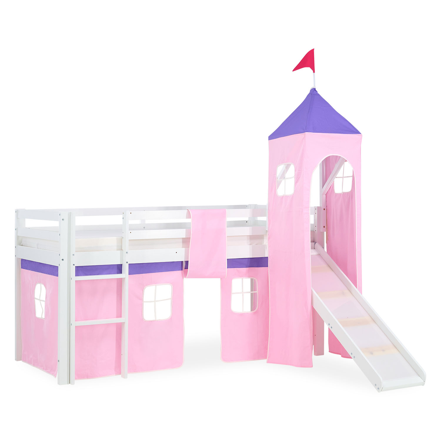 Loft Bed Play Bed Cot Slide Tower Curtain Pink 90x200 Youth Bed