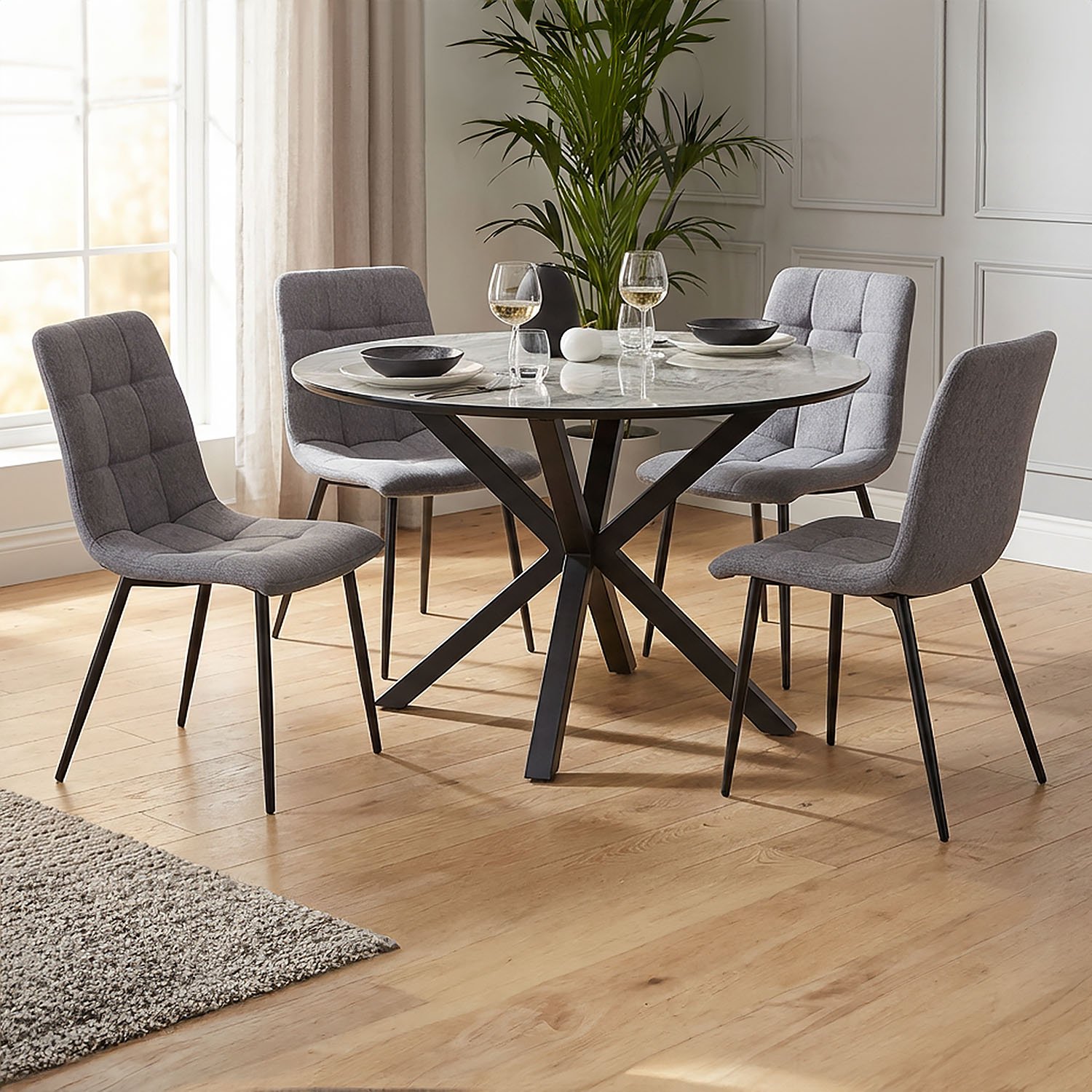 Dining set | 4-piece set upholstered chairs grey | dining table grey black metal frame round 110 cm