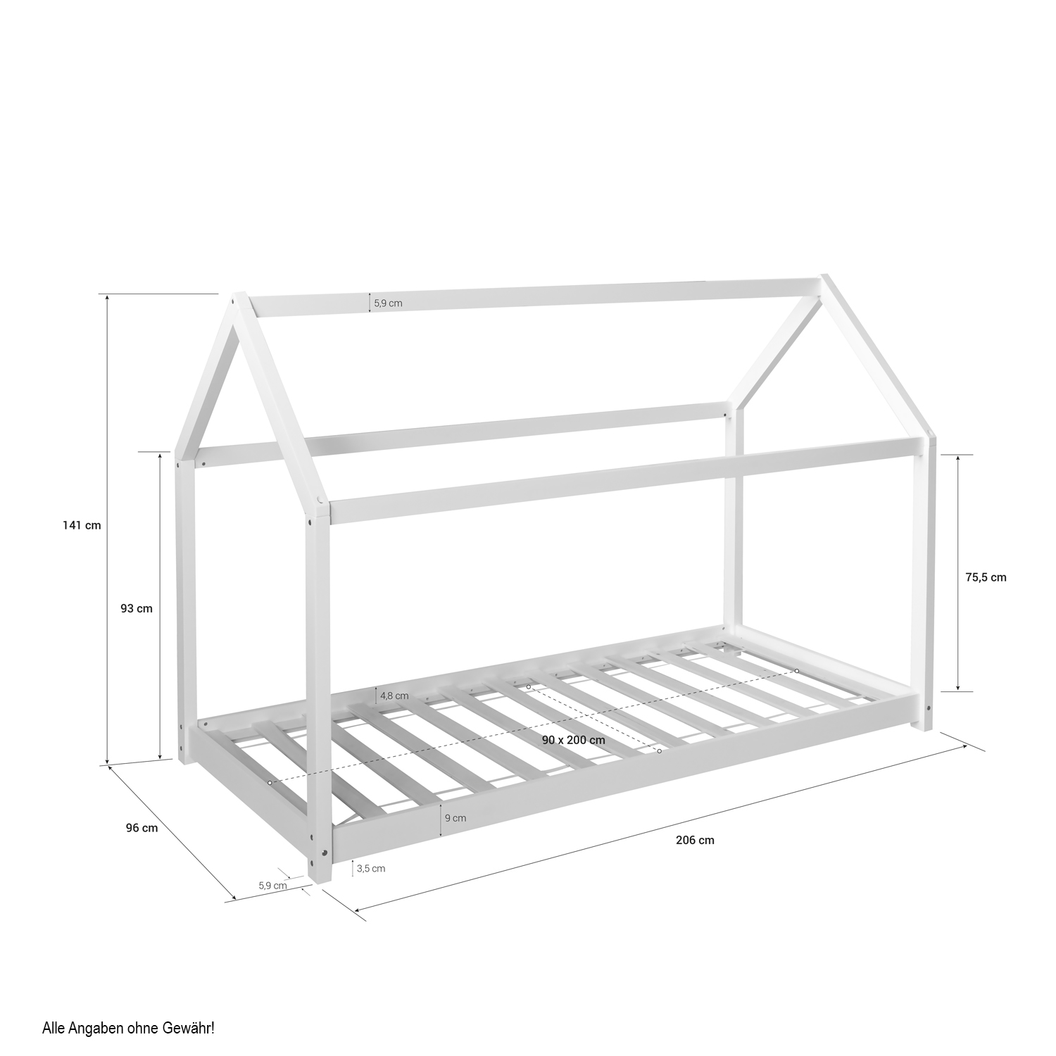 Children's Bed 90x200 cm White | House Bed | Single Bed | with Slatted Frame | Wood | Floor Bed