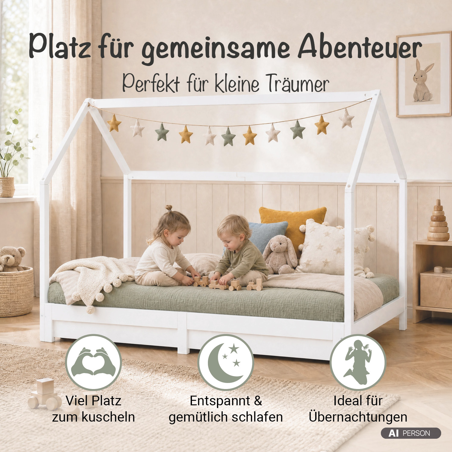 Children's Bed with Pull Out Bed 2 Mattresses 90x200 cm House Bed Treehouse Bed Children's Single Bed Wooden Frame White Trundle Bed Slats