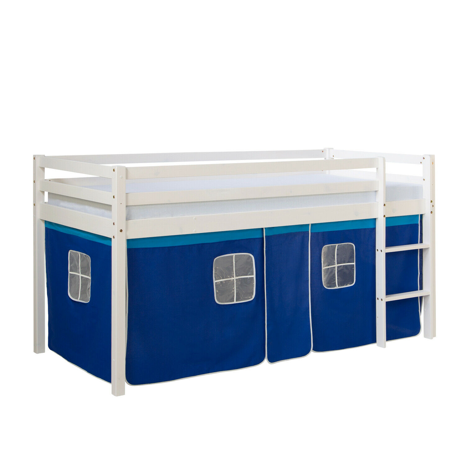 Loft Bed Kids 90x200 cm White with Curtain Blue | without Slatted Frame