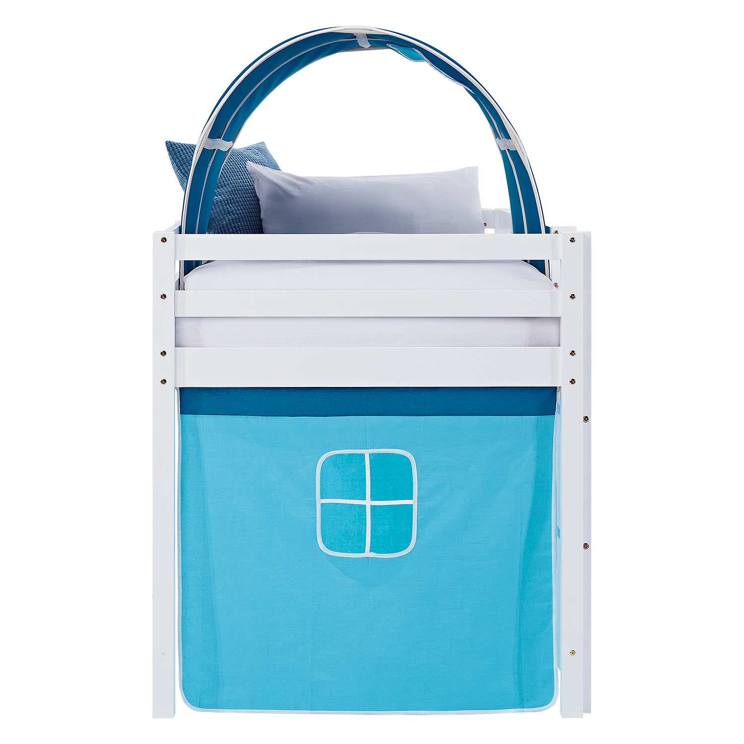 Loft Bed for Kids 90x200 cm White with Curtain in Blue | Tunnel | without Slatted Frame