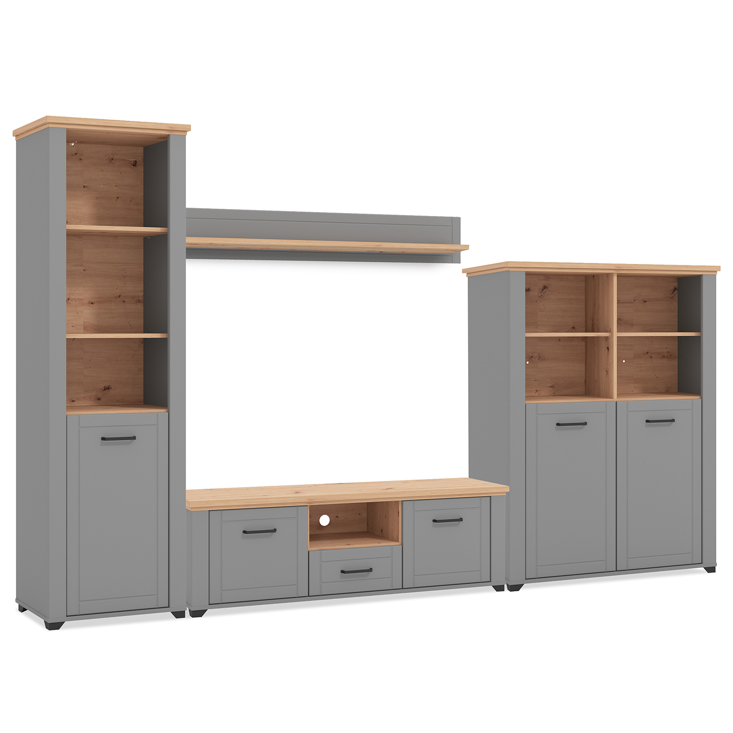 Modern Living Room Unit Cupboard Set Wall Unit Grey Wood Oak TV Set with Storage Entertainment Center