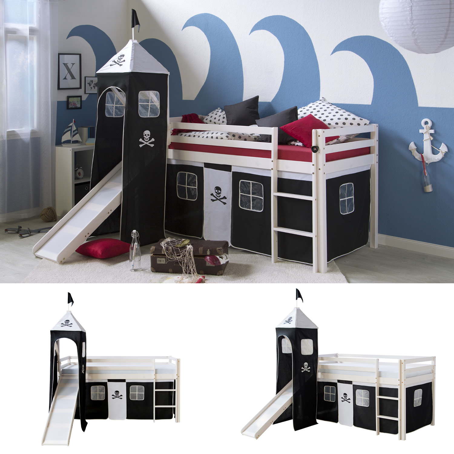 Loft Bed Kids 90x200 cm White with Curtain in Black | Tower | Slide | without Slatted Frame