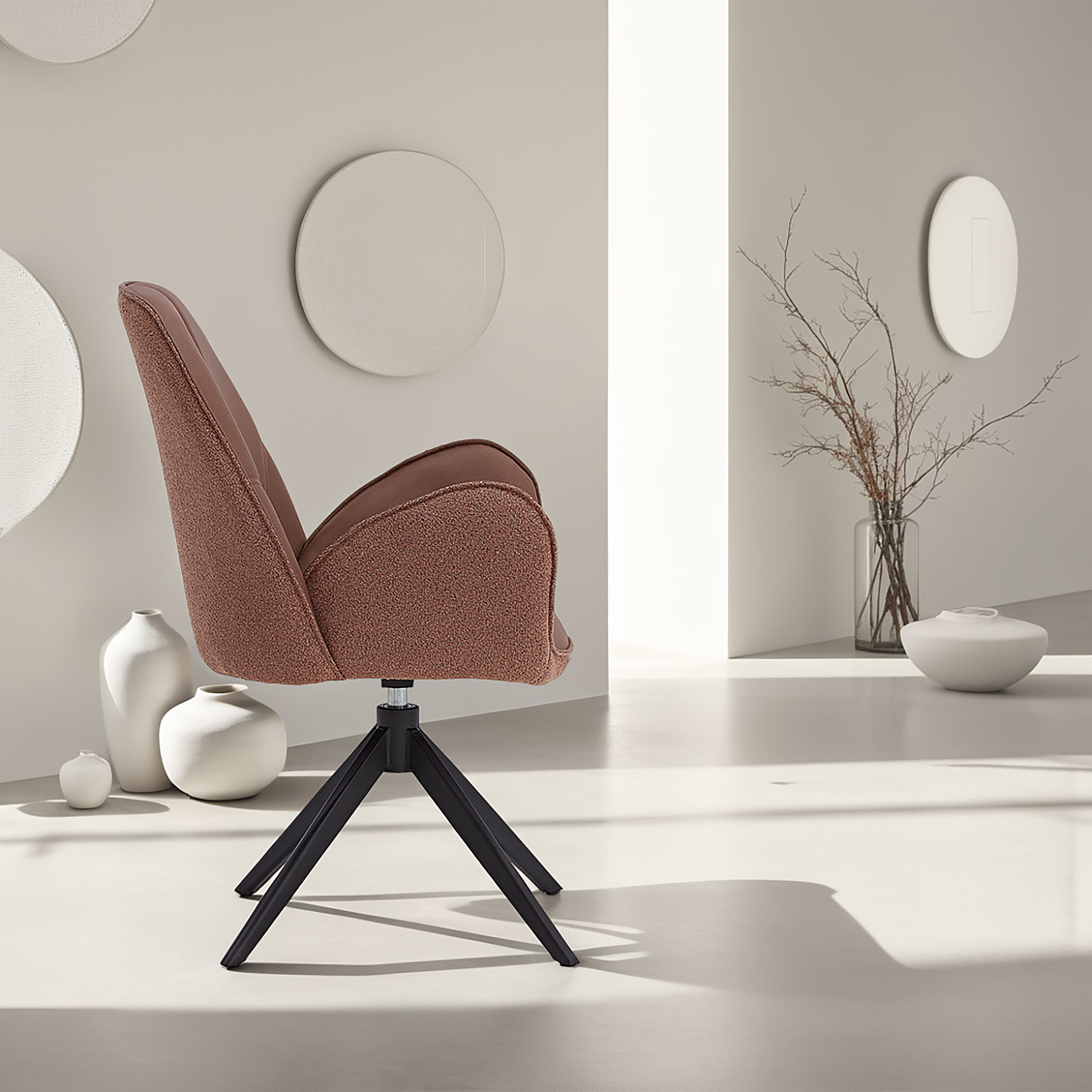 Upholstered Chair Bouclé Leather Brown | single | swivel | with Armrests | Kitchen Dining Room Office