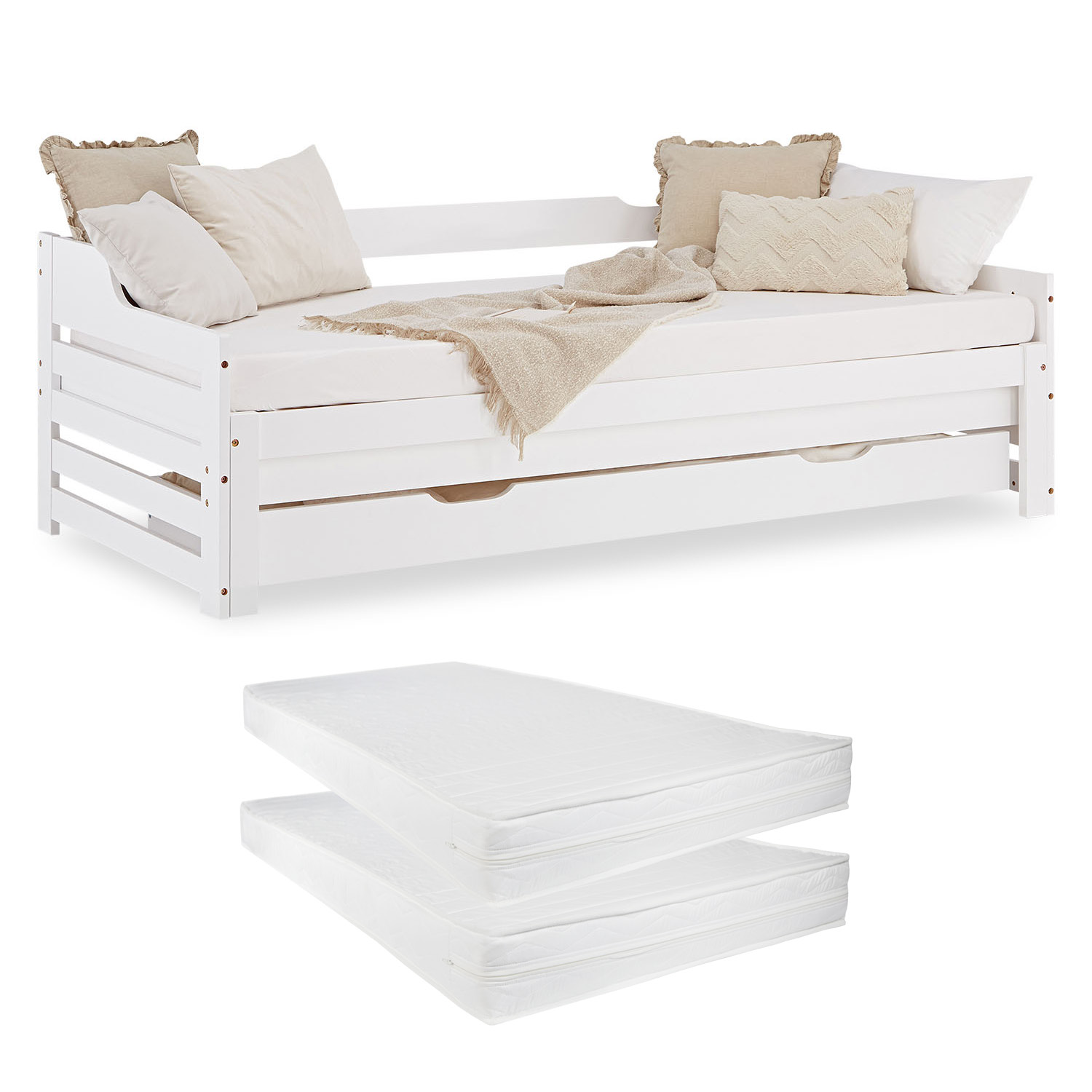 Gästebett Holzbett 90x200 cm Weiß Stauraum Tagesbett ausziehbar Jugendbett Ausziehbett Bett mit Bettkasten Matratze