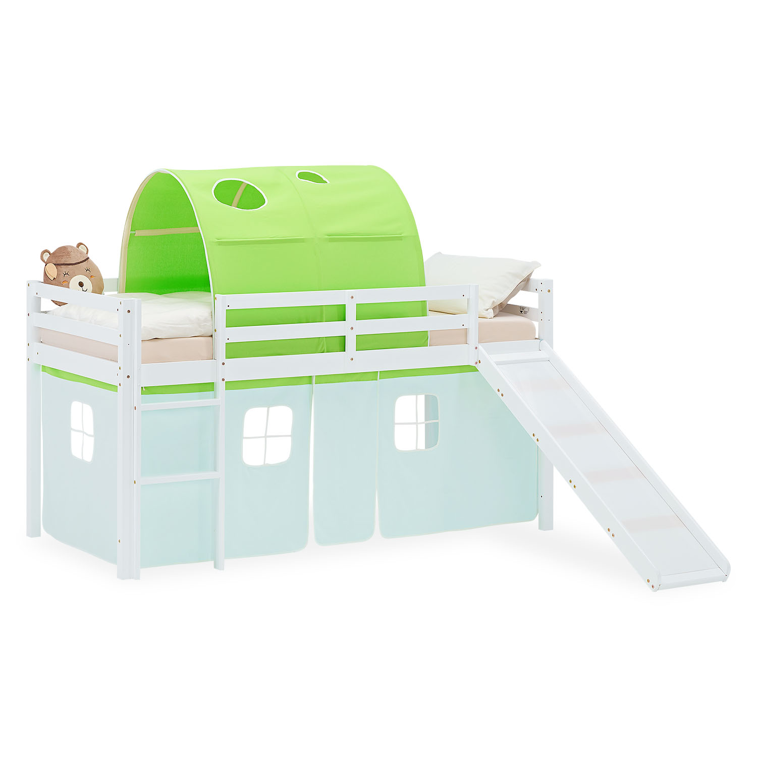 Loft Bed for Kids 90x200 cm White with Curtain & Tunnel in Green | Slide | without Slatted Frame