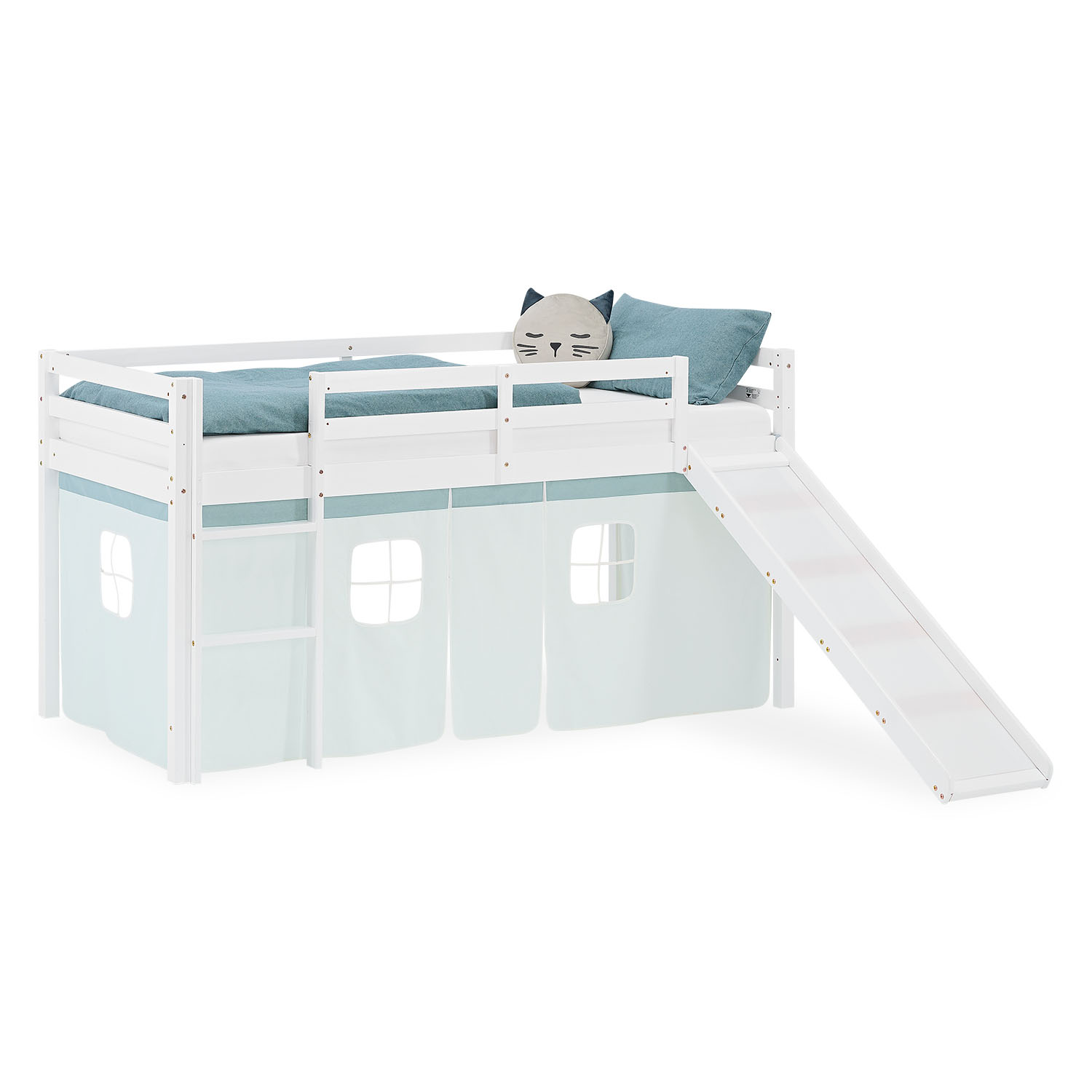 Hochbett Kinder 90x200 cm Kinderbett Kinderhochbett Stockbett Tunnel Vorhang Turm Mint Grün Rutsche Holz Massiv Lattenrost Matratze