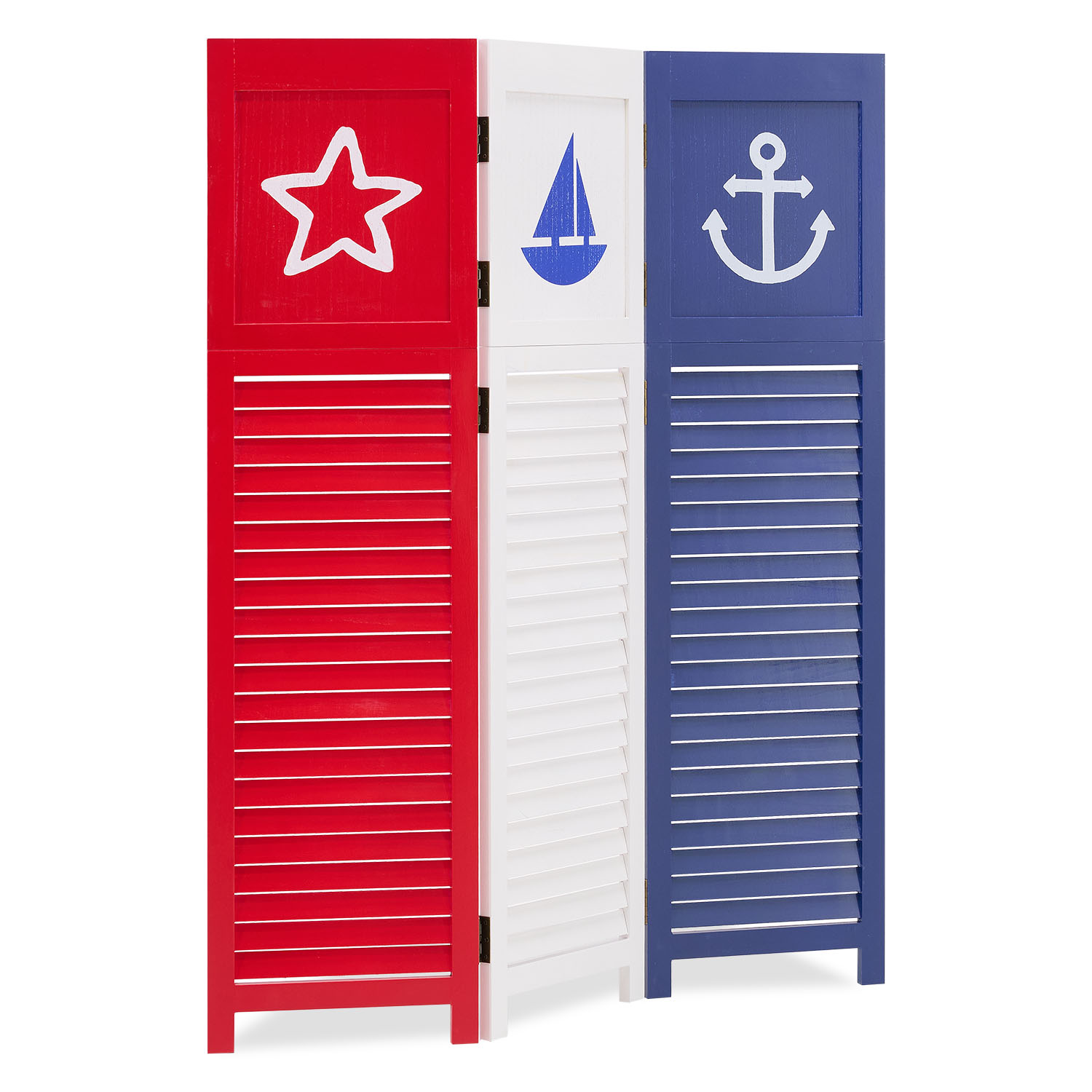 Paravent Red White Black Maritime Motifs | 3-panel | Wood | Room Divider Partition Privacy Screen