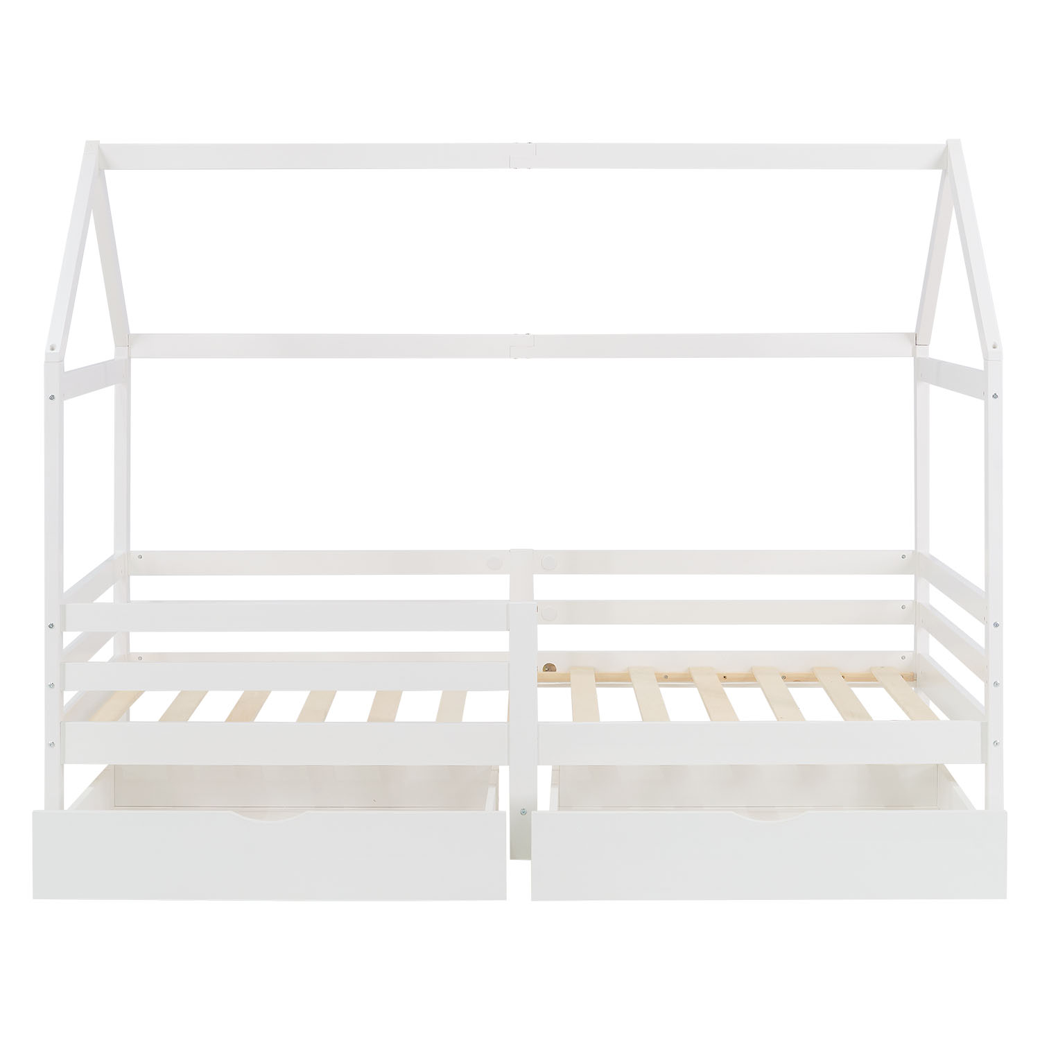 Children's Bed 90x200 cm White | House Bed with Fall Protection and Bed Drawer | Montessori | Single Bed | with Slatted Frame | Wood