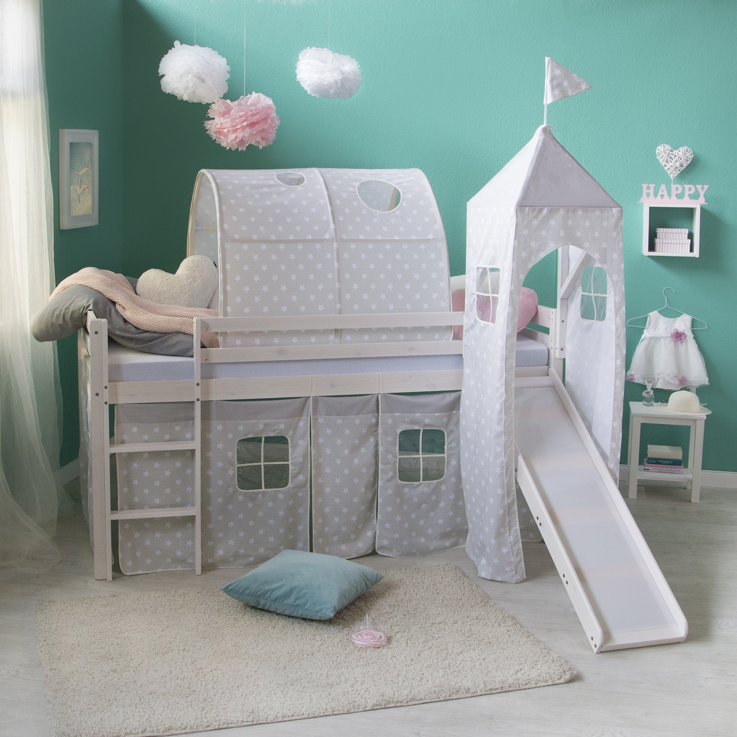 Loftbed 90x200 cm Bunk bed Childrens bed Solid Pine Wood Tower Tunnel Curtain Grey Stars Slide Mattress Slats