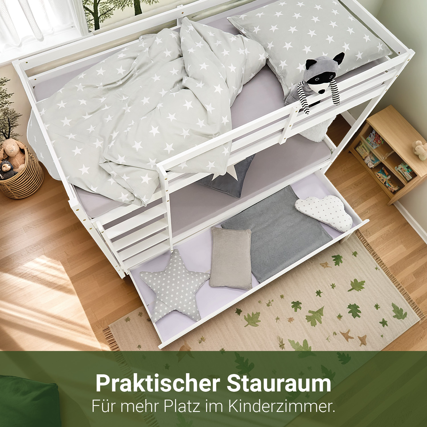 Bunk bed with drawer and 2 matresses Children bed 90x200 cm wooden Kids bed High sleeper White Slats