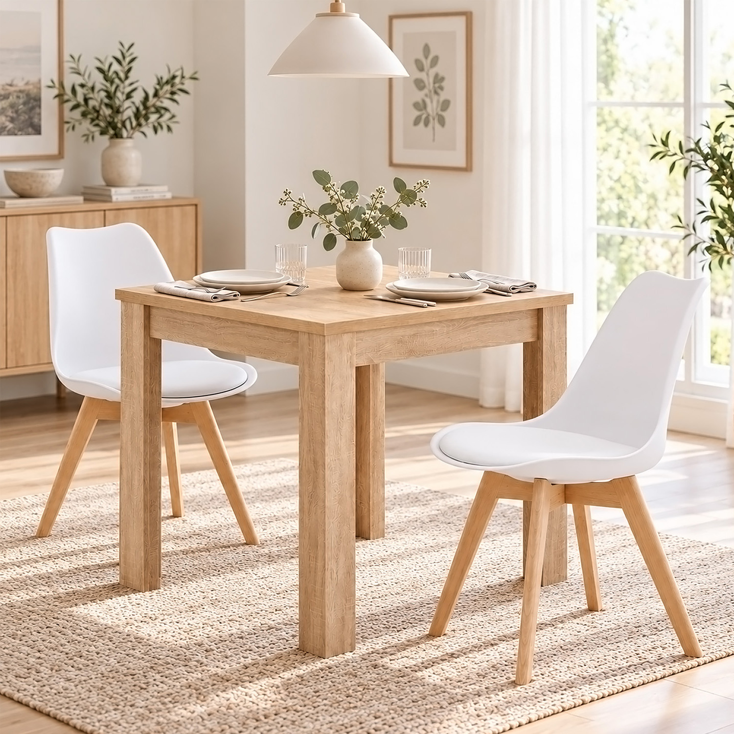 Dining Set (3-Piece): 80x80 cm oak dining table with 2 white plastic chairs and wooden legs