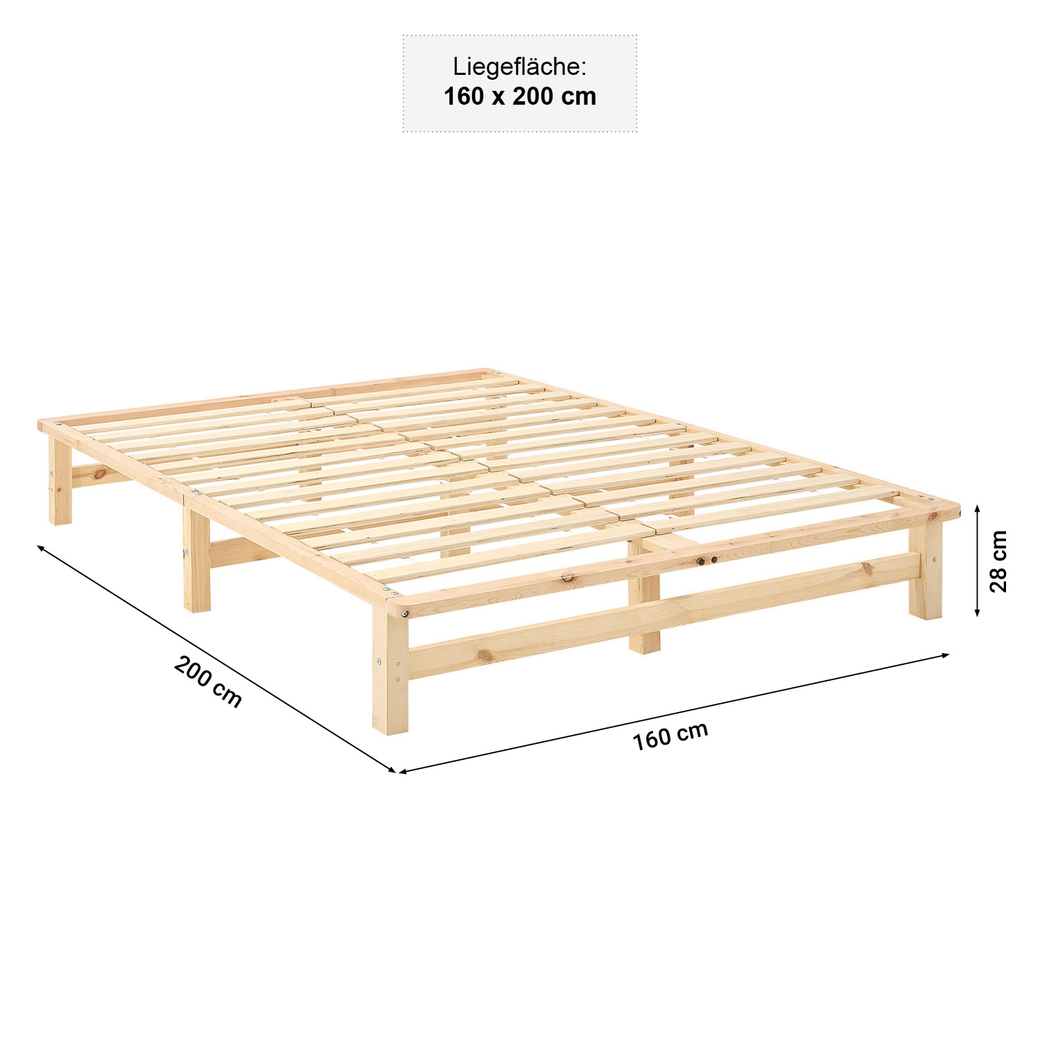 160x200 cm Natural Pallet Bed – Wooden Double Bed with Slatted Base for Teen Rooms, Guest Rooms, and Bedrooms