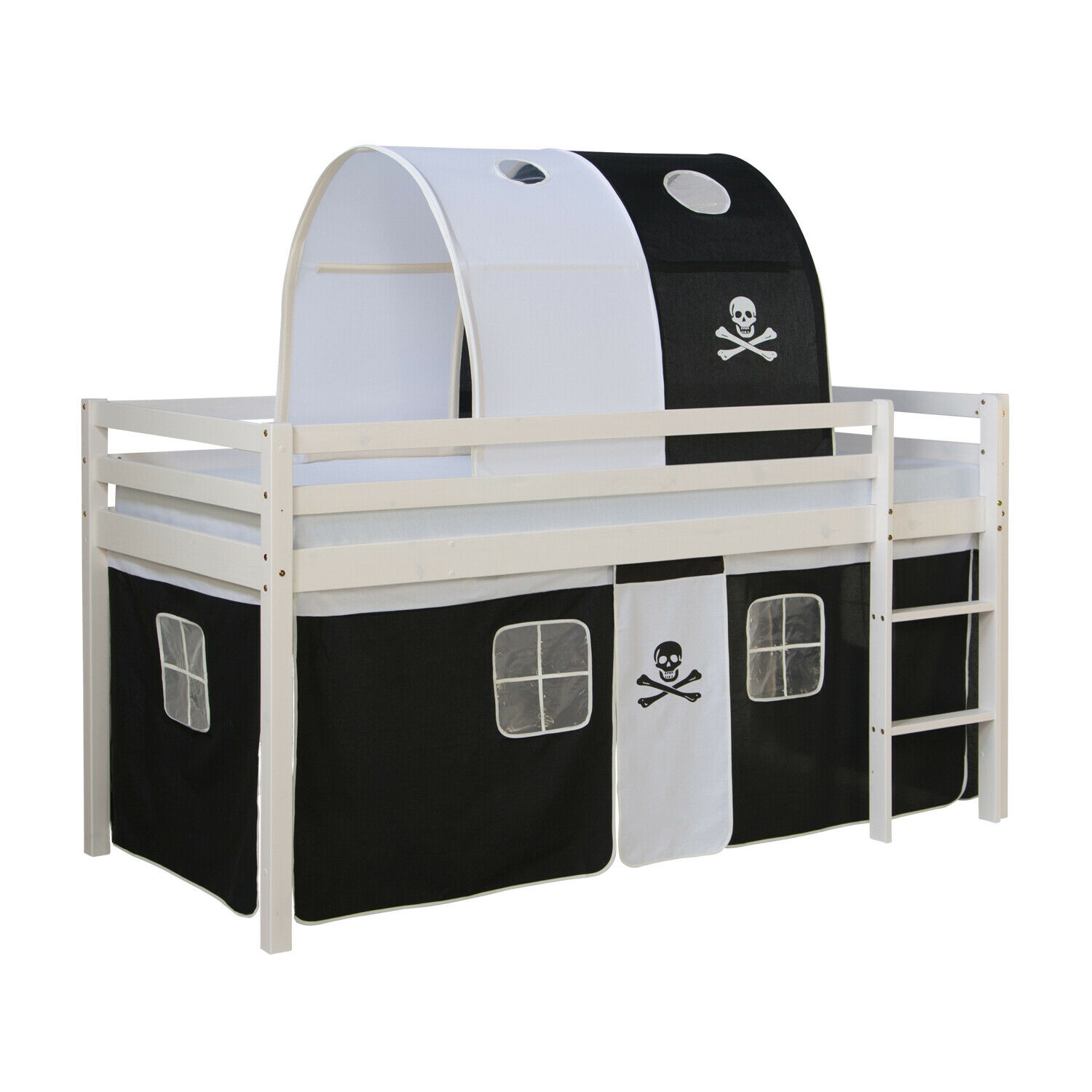 Loft Bed Kids 90x200 cm White with Curtain in Black | Tunnel | without Slatted Frame Loft Bed Kids 90x200 cm White with Curtain in Black | Tunnel | without Slatted Frame