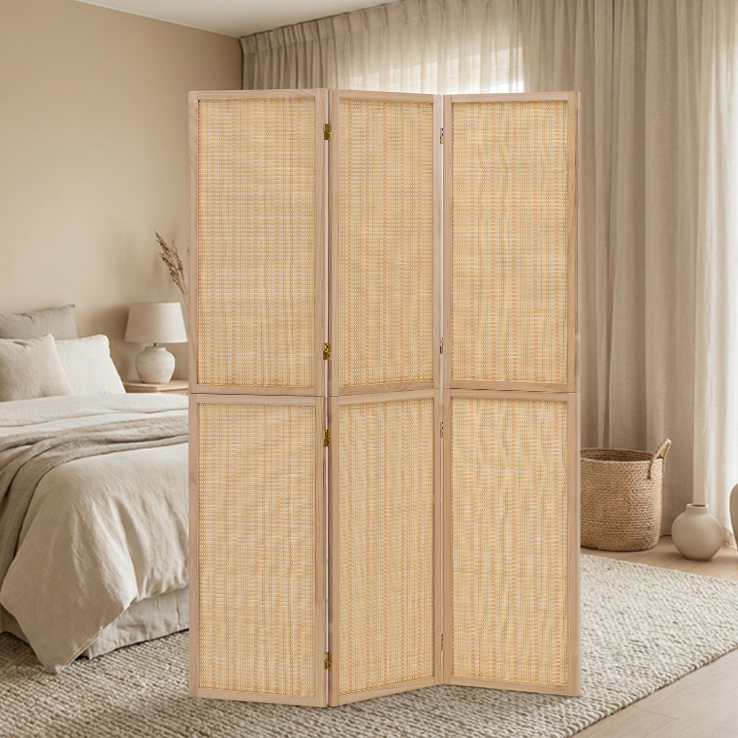 Paravent Natural Bamboo Slats | 3-panel | Wood | Room Divider Partition Privacy Screen