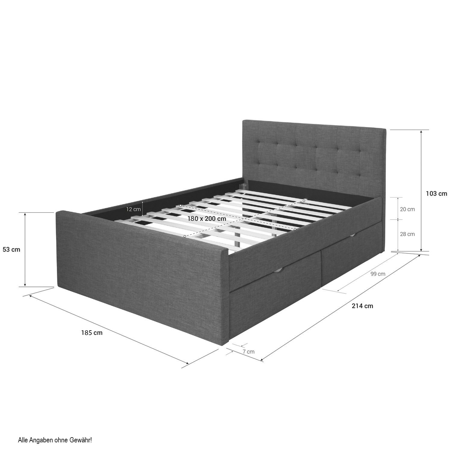 Upholstered Bed 180x200 Grey Double Bed Slatted Frame 2 Drawers