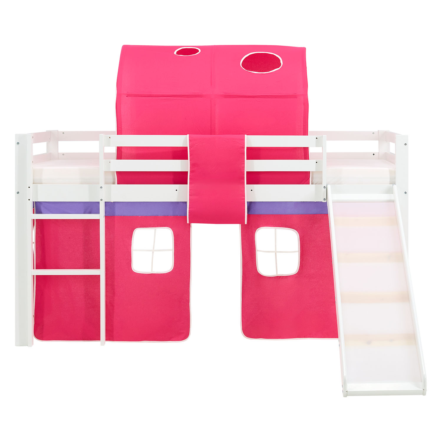 Children's Loft Bed 90x200 cm White with Pink Curtain | Tunnel | Slide | Without Slatted Base