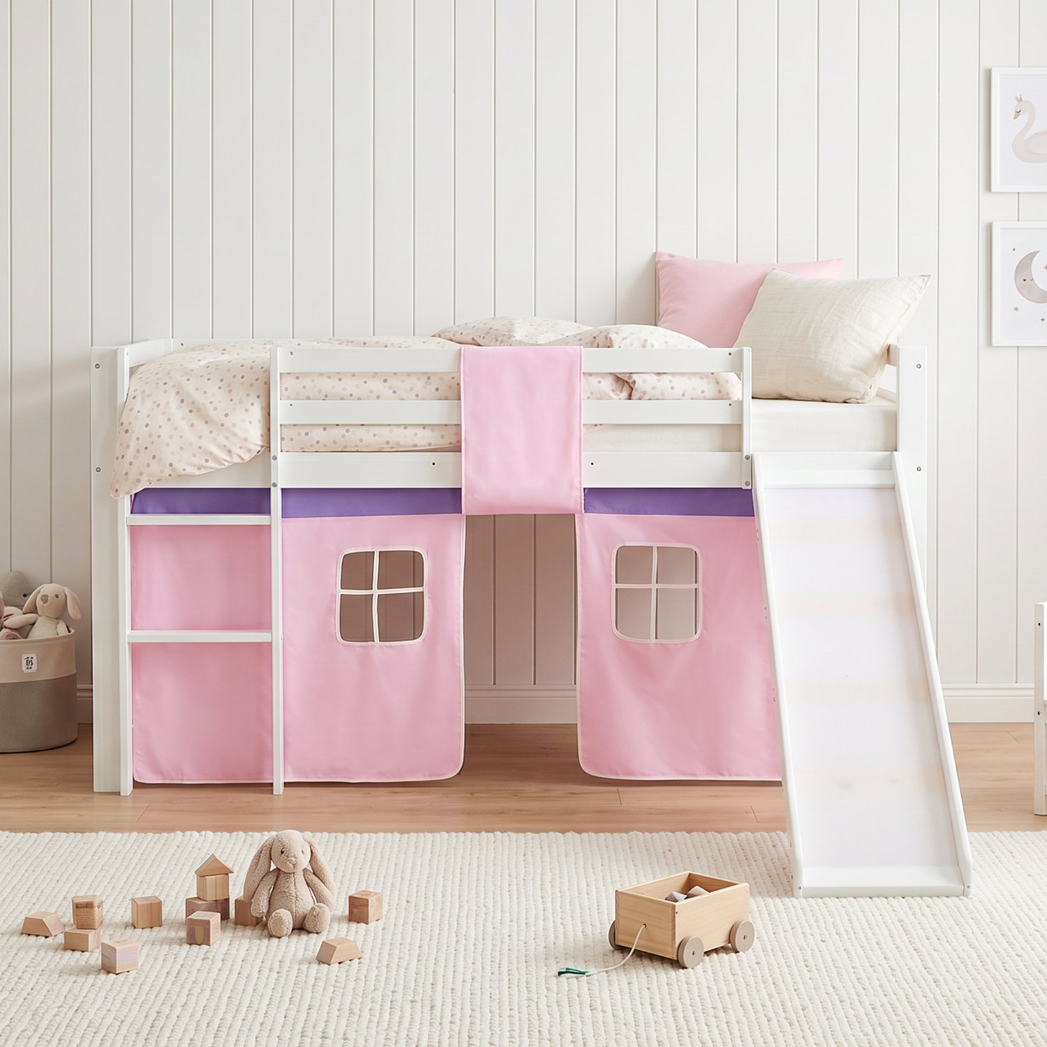 Children's Loft Bed 90x200 cm White with Pink Curtain | Slide | Includes Slatted Base | Includes Mattress