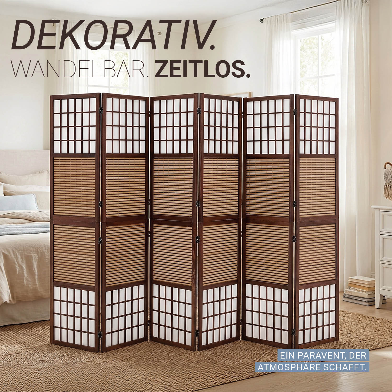 Paravent Brown Bamboo Shoji Rice Paper White | 6-panel | Wood | Room Divider Partition Privacy Screen