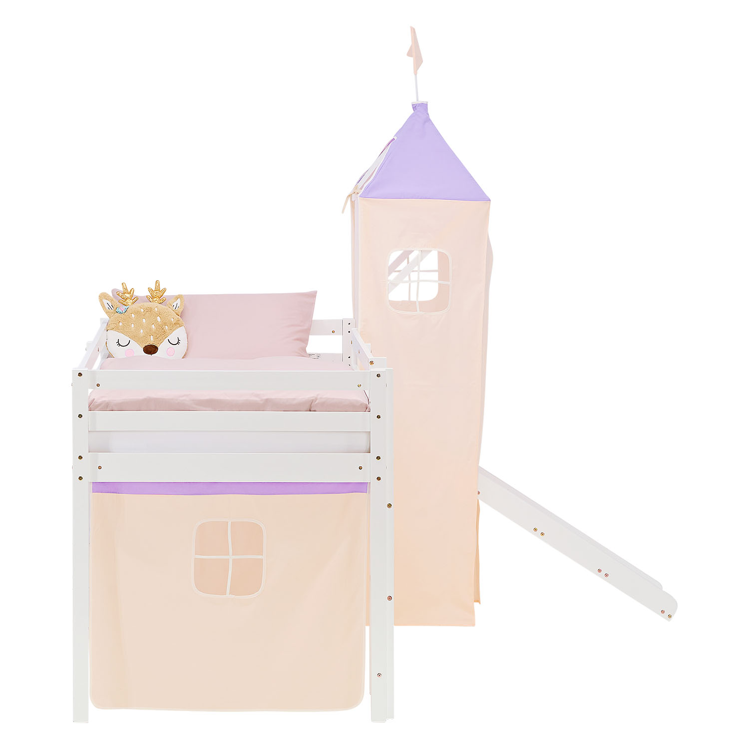 Loft Bed for Kids 90x200 cm White with Curtain in Lilac Beige | Slide | Tower | with Slatted Frame and Mattress