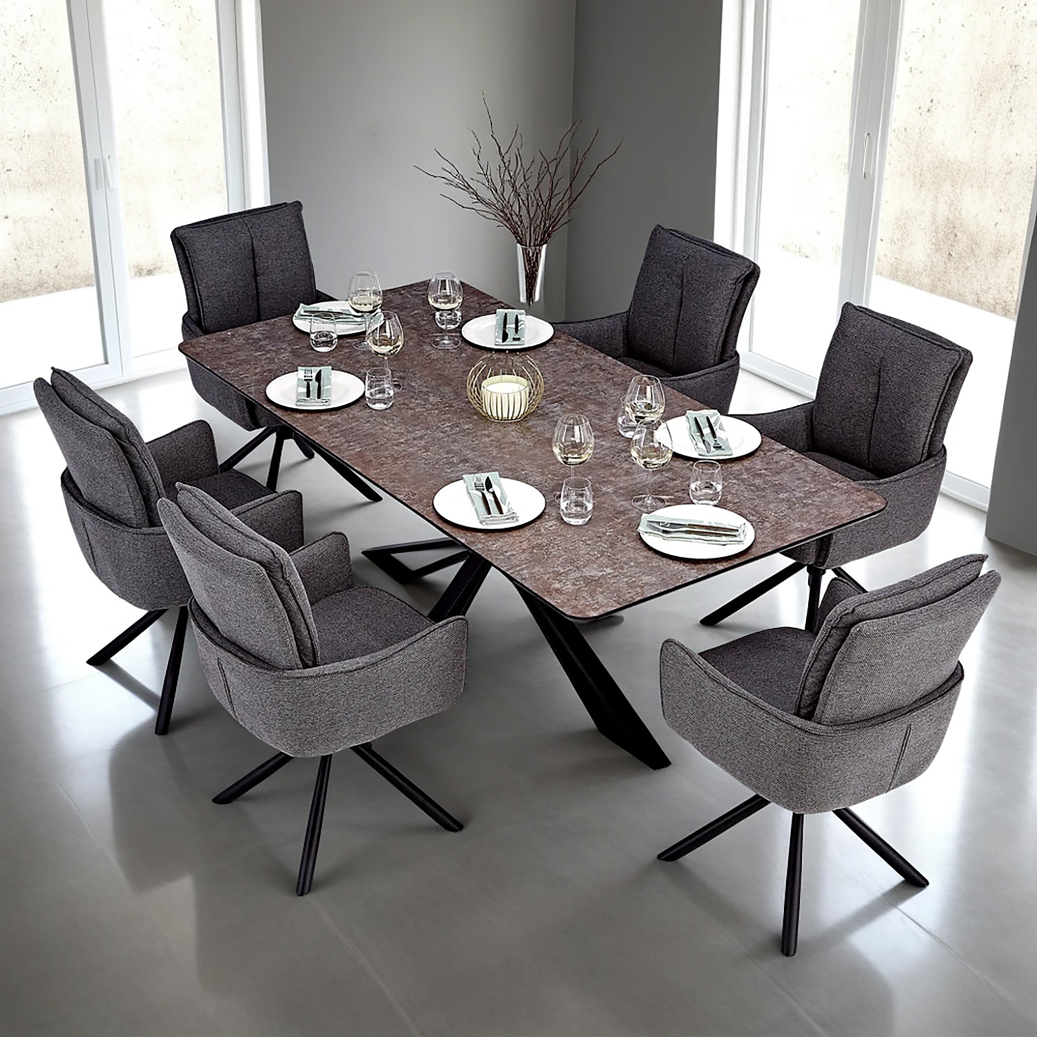 Dining set | 6-piece set upholstered chairs anthracite with armrest | swivel | dining table brown metal frame 200 x 100 cm