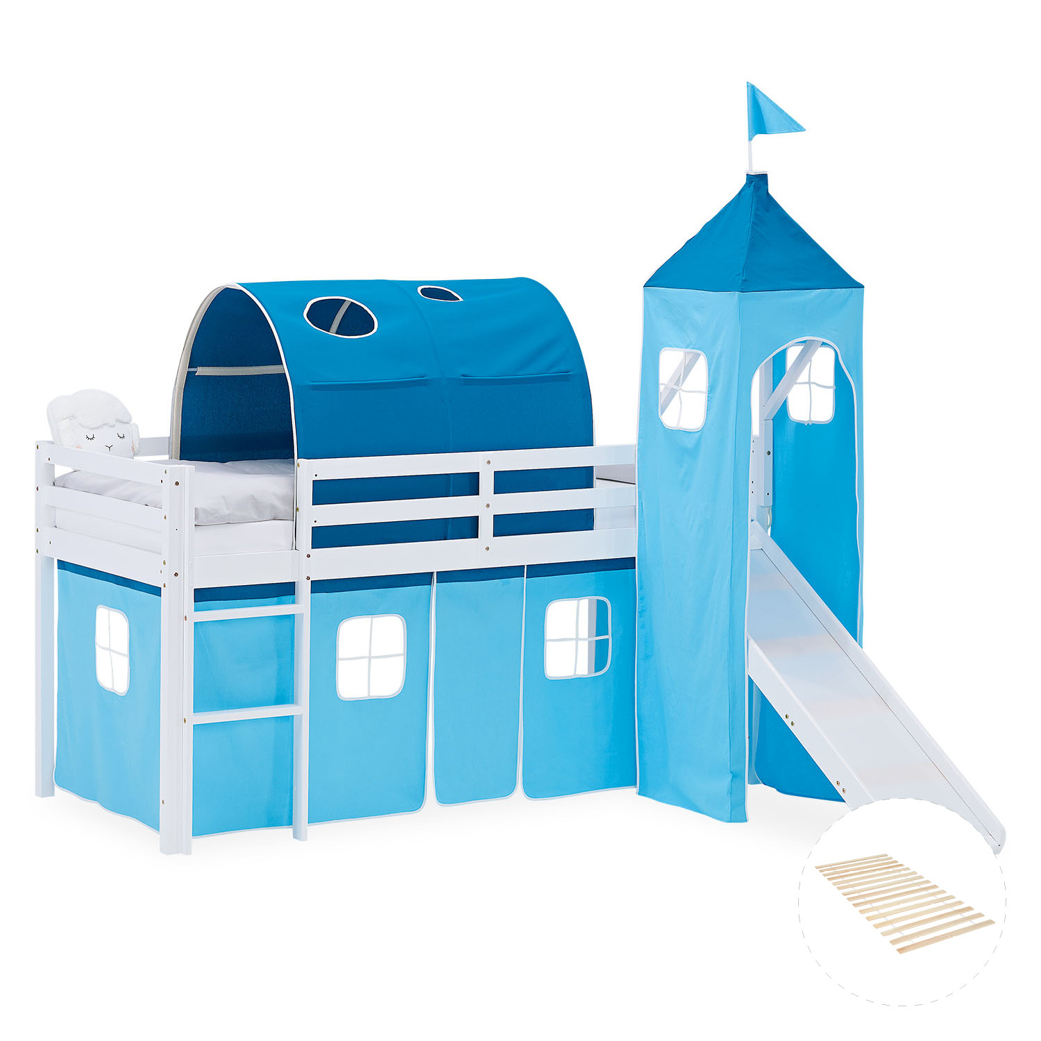 Kinderhochbett in Blau mit Lattenrost, Rutsche, Spielturm, Spieltunnel und Spielvorhang. Der Artikel ist freigestellt auf weißem Hintergrund abgebildet. Sichtbare Details sind eine Leiter, seitliche Schutzgitter, ein Spielvorhang unter dem Bett, ein bogen