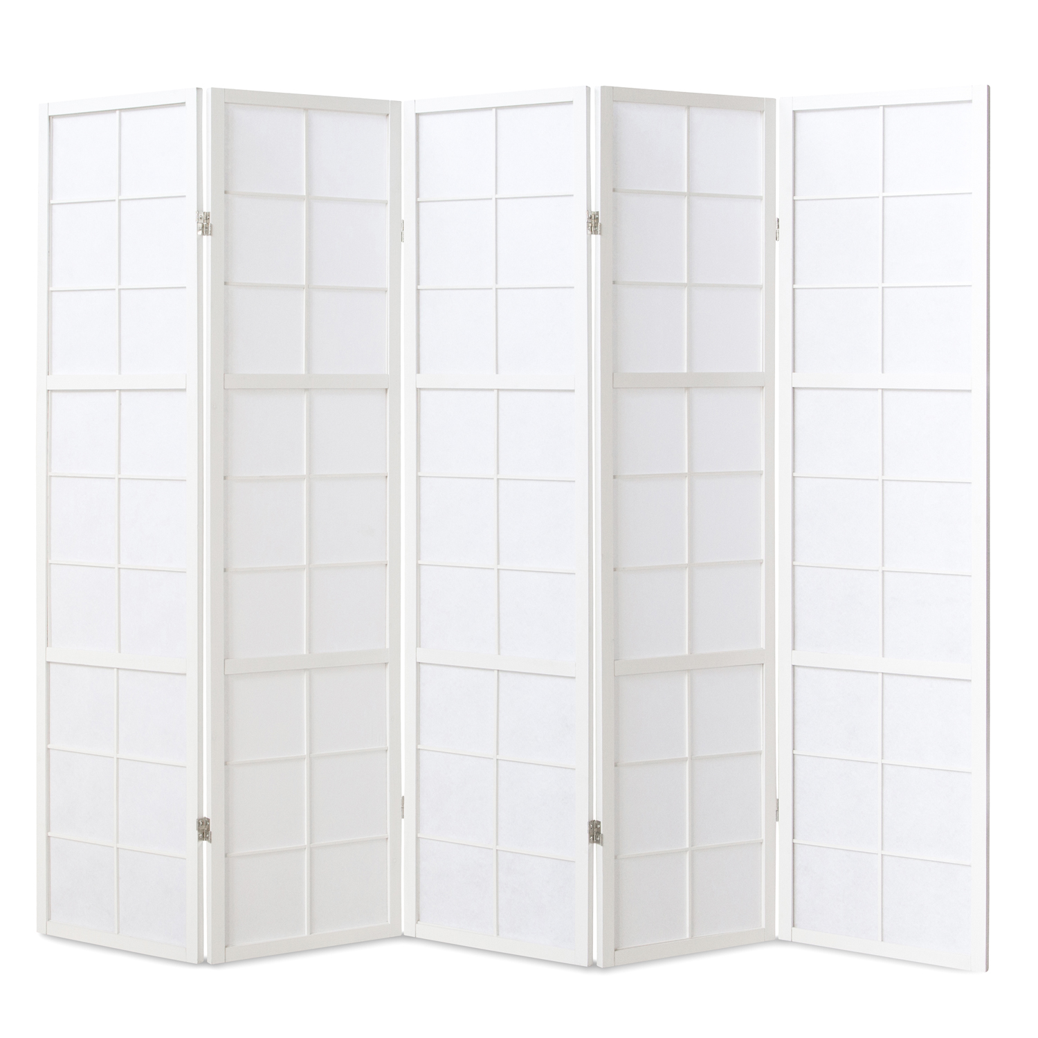 Five?panel white shoji screen with wooden frame and rice paper look, elegant room divider and stylish privacy screen.