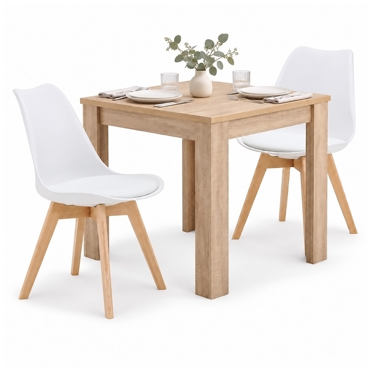 Dining Set (3-Piece): 80x80 cm oak dining table with 2 white plastic chairs and wooden legs