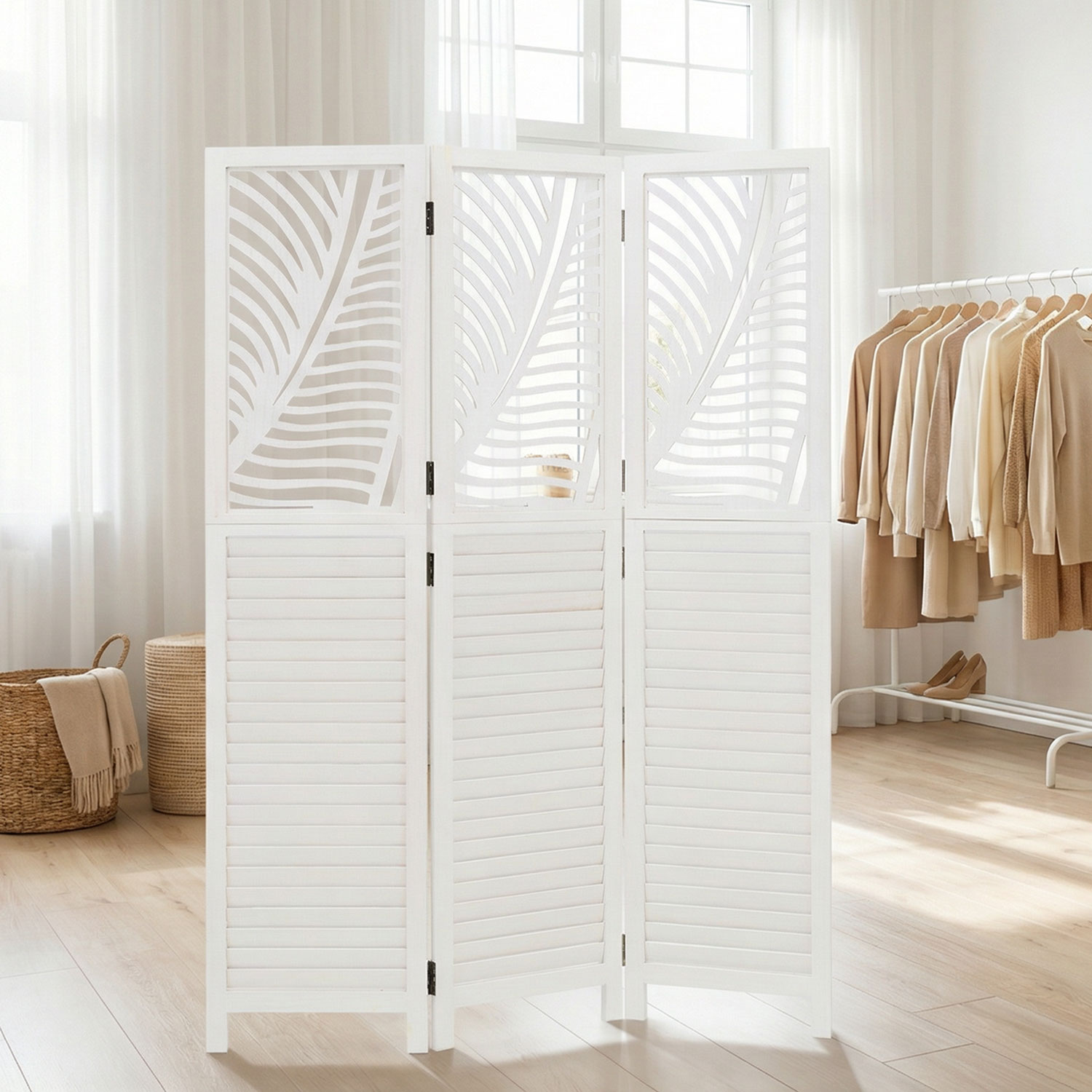 Paravent White Rattan-Style Decorations | 3-panel | Wood | Room Divider Partition Privacy Screen
