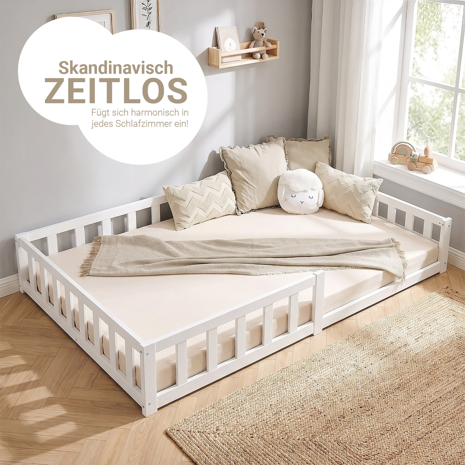 Montessori Crib 120x200 cm White with Safety Rail & Slatted Base – Solid Wood Crib