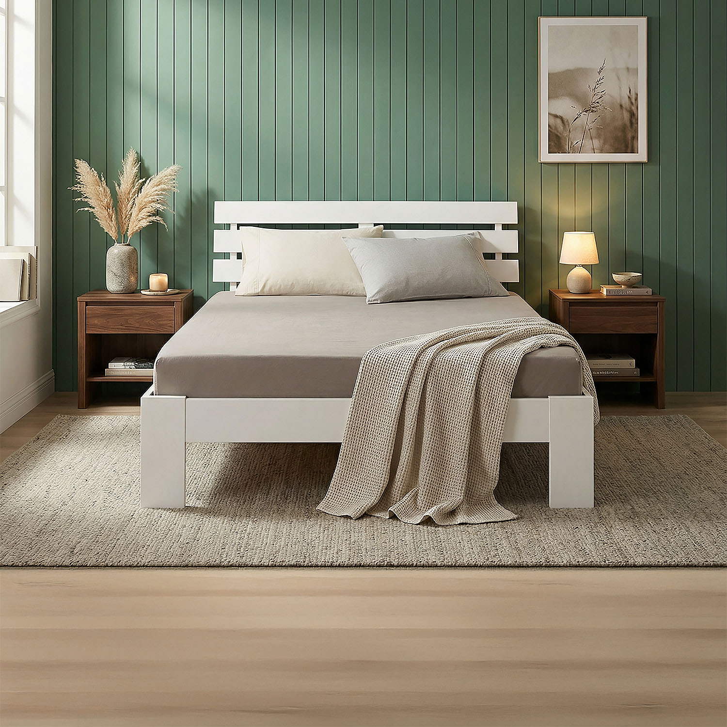 Holzbett in Weiß mit Elementen aus Kiefernholz. Das Bett ist mit Matratze, Bettwäsche und Kissen vor weißem Hintergrund abgebildet. Die Rahmenform und die Füße sind in der schrägen Produktansicht sichtbar.