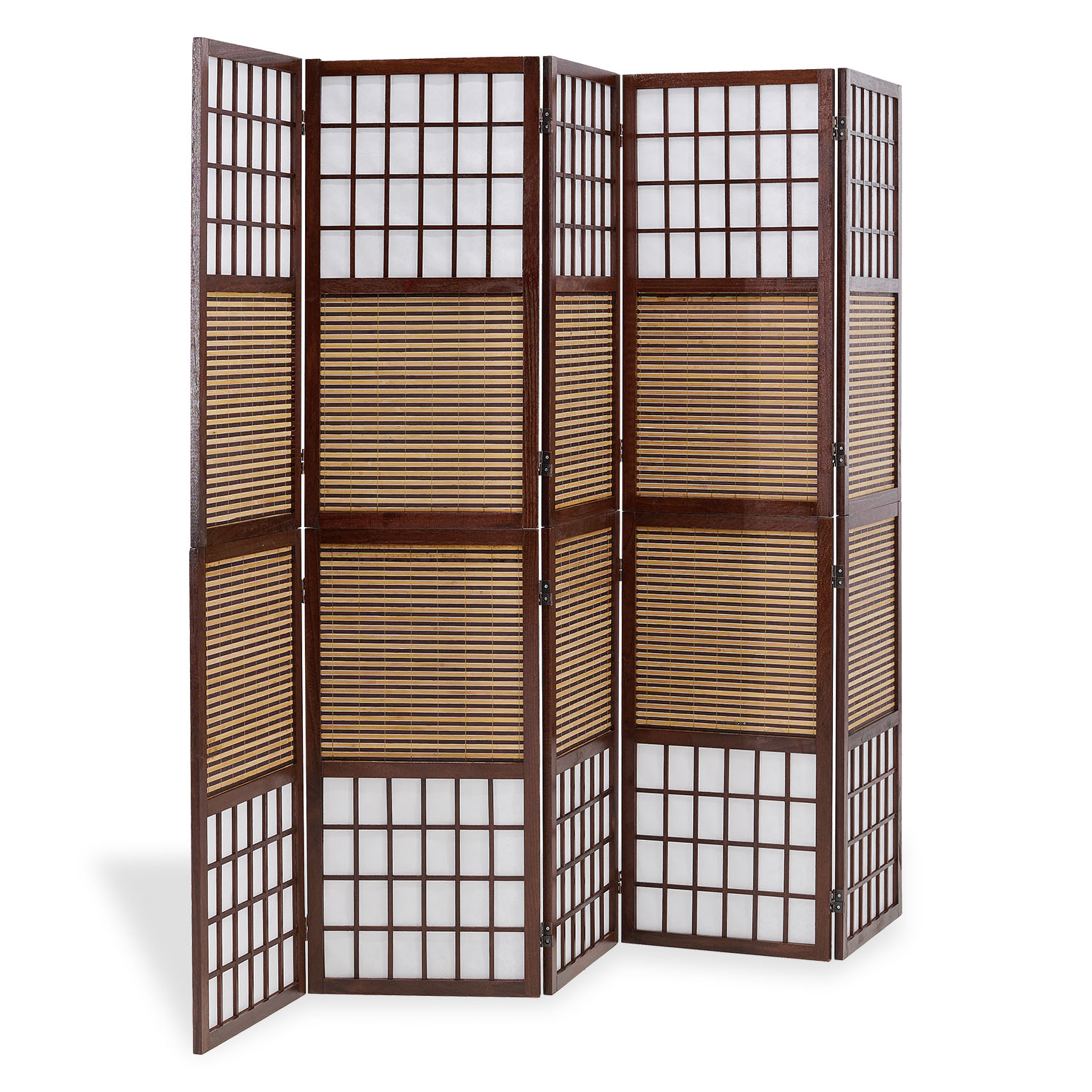 Brown 5-panel folding screen – room divider with bamboo and shoji rice paper