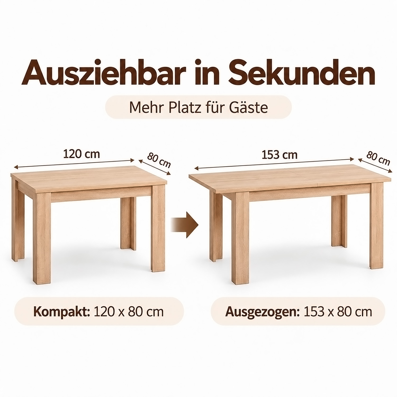 Dining Set (5-Piece): 120x80 cm oak extendable dining table with 4 grey plastic chairs and wooden legs