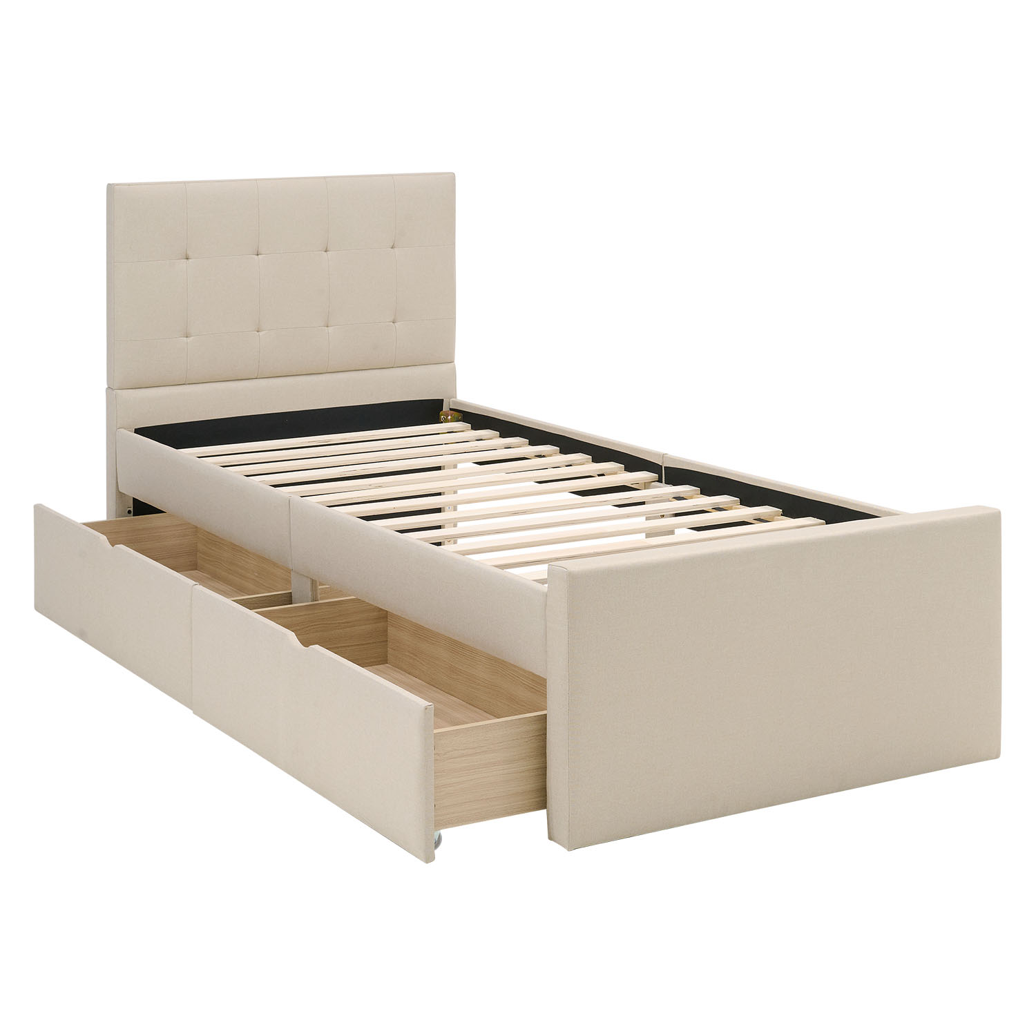 Upholstered bed 90x200 cm beige | with slatted frame | with 2 bed drawers | single fabric bed frame