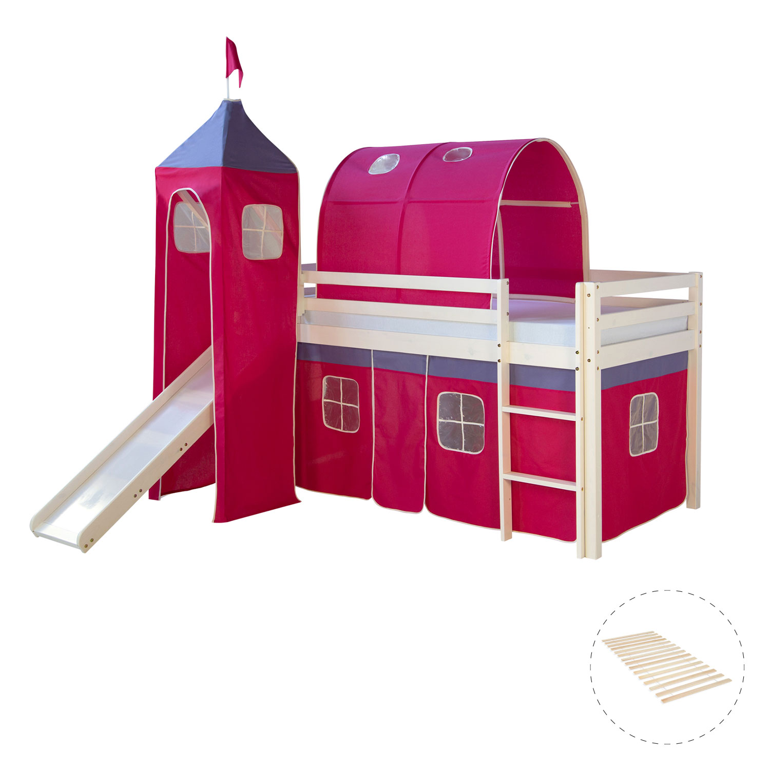Loft Bed Kids 90x200 cm White with Curtain in Pink | Tunnel | Tower | Slide | with Slatted Frame