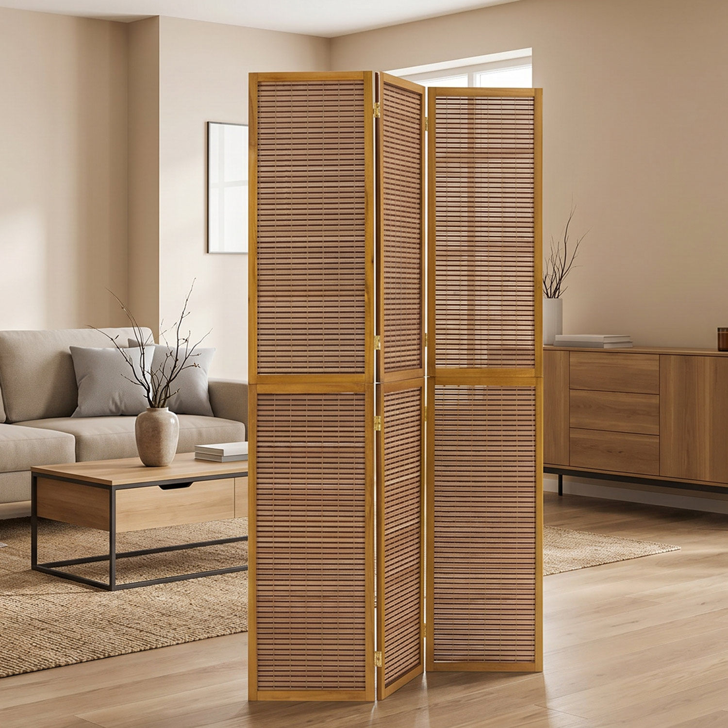 Brown 3-panel folding screen, 200 cm – Wooden room divider & privacy screen with slats