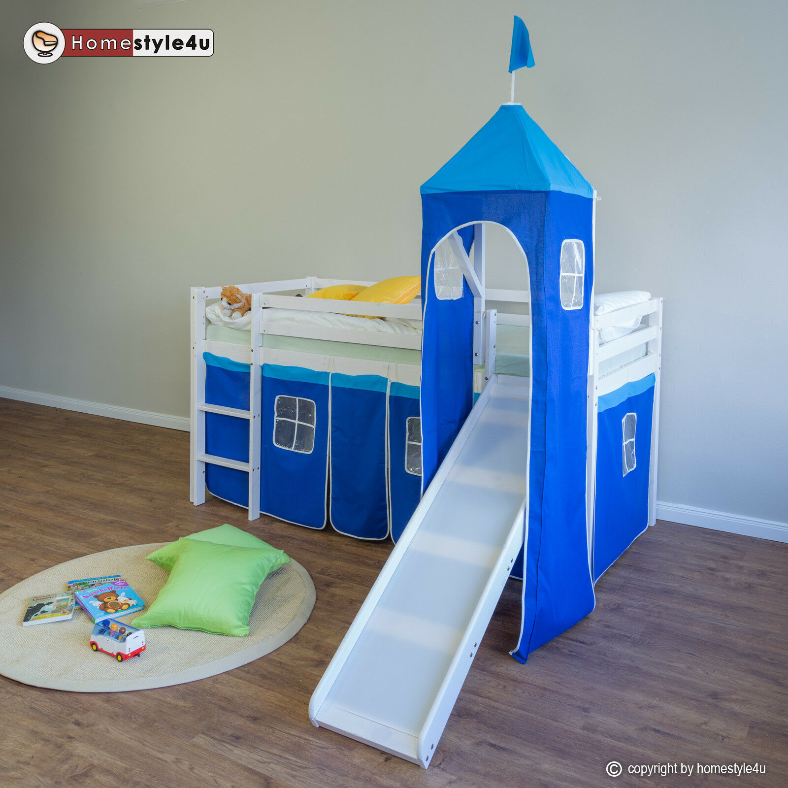 Loft Bed Kids 90x200 cm White with Curtain in Blue | Tower | Slide | without Slatted Frame