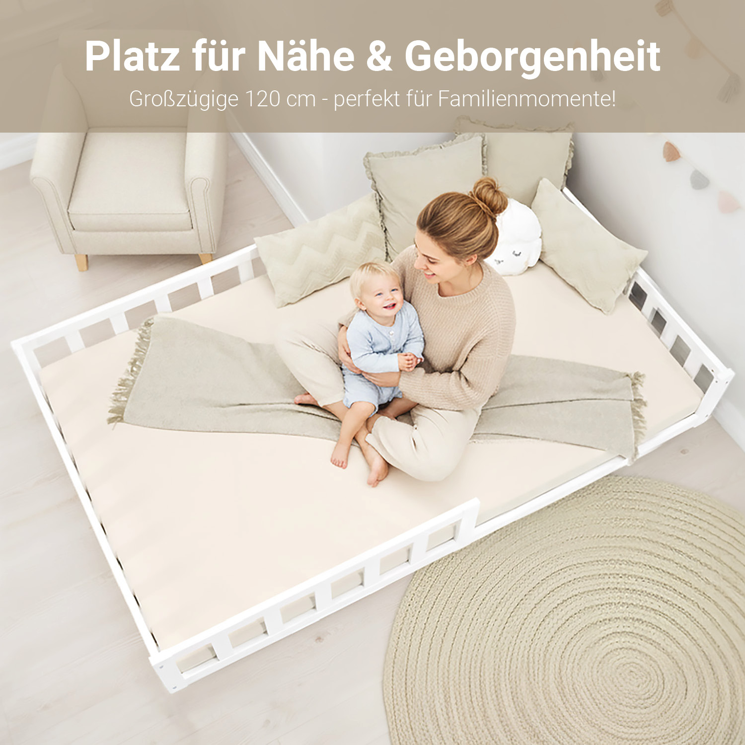 Children's Bed 120x200 White | Floor Bed with Mattress & Slatted Frame | with Fall Protection | Montessori