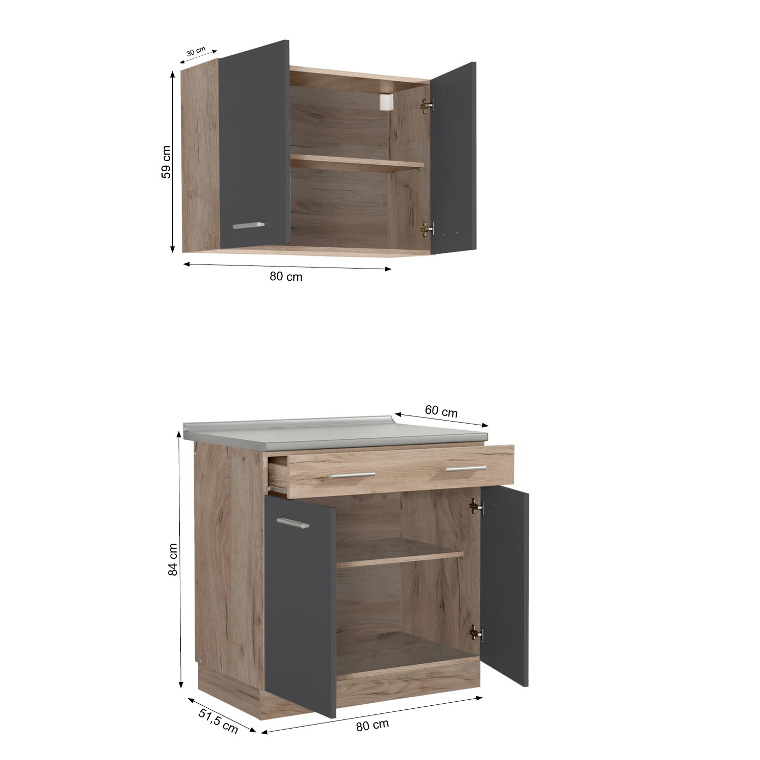 Kitchen Unit without Appliances 80 cm Gray | Oak | Single Kitchen | Mini Kitchen | Kitchen Element | Basic