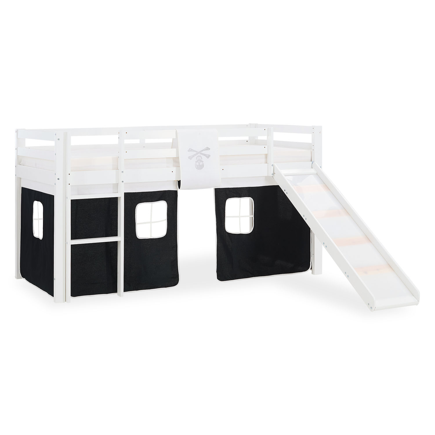 Children's Loft Bed 90x200 cm White with Black Curtain | Slide | Without Slatted Base | Pirate | Boys